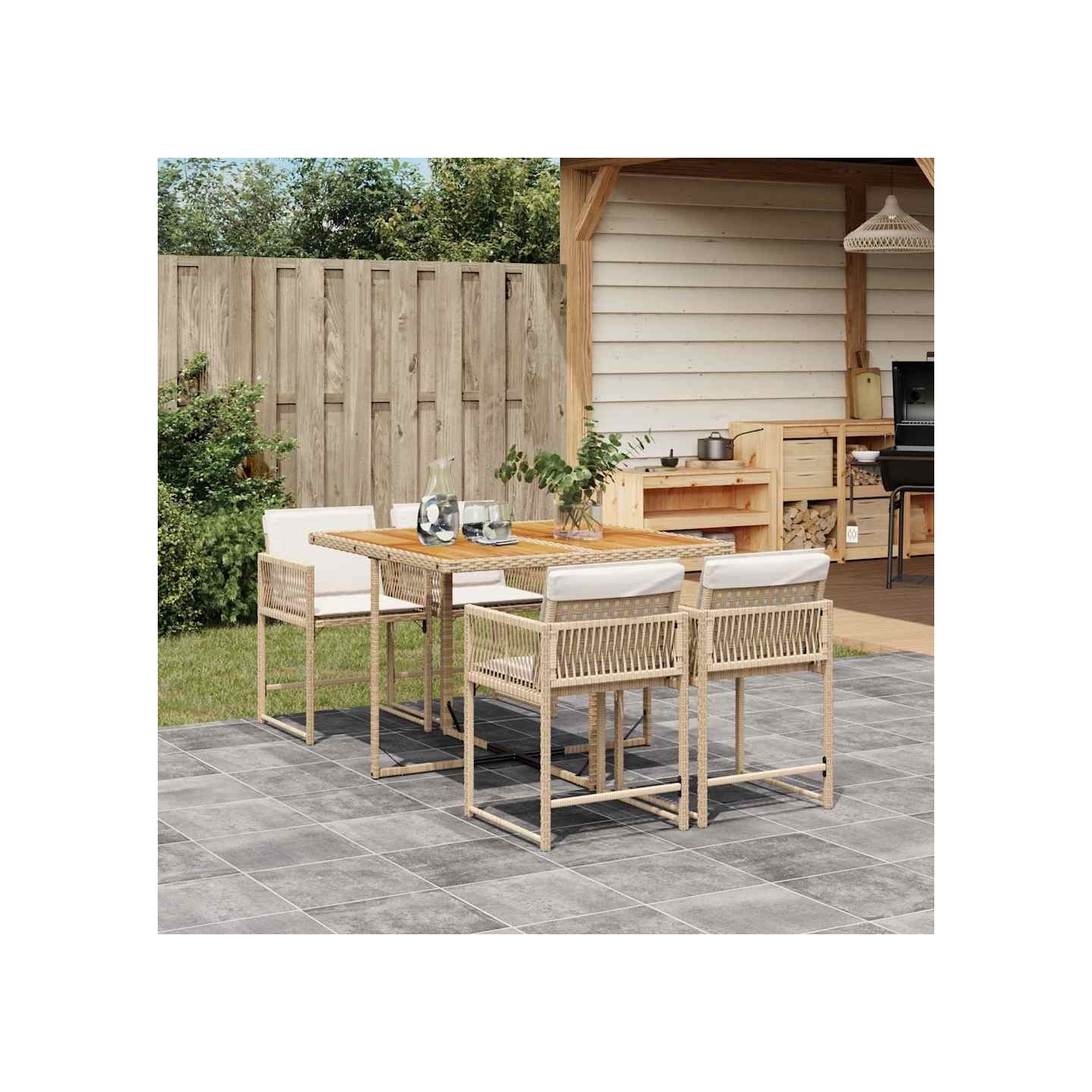 Ensemble à manger de jardin avec coussins 5pcs Beige poly rotin