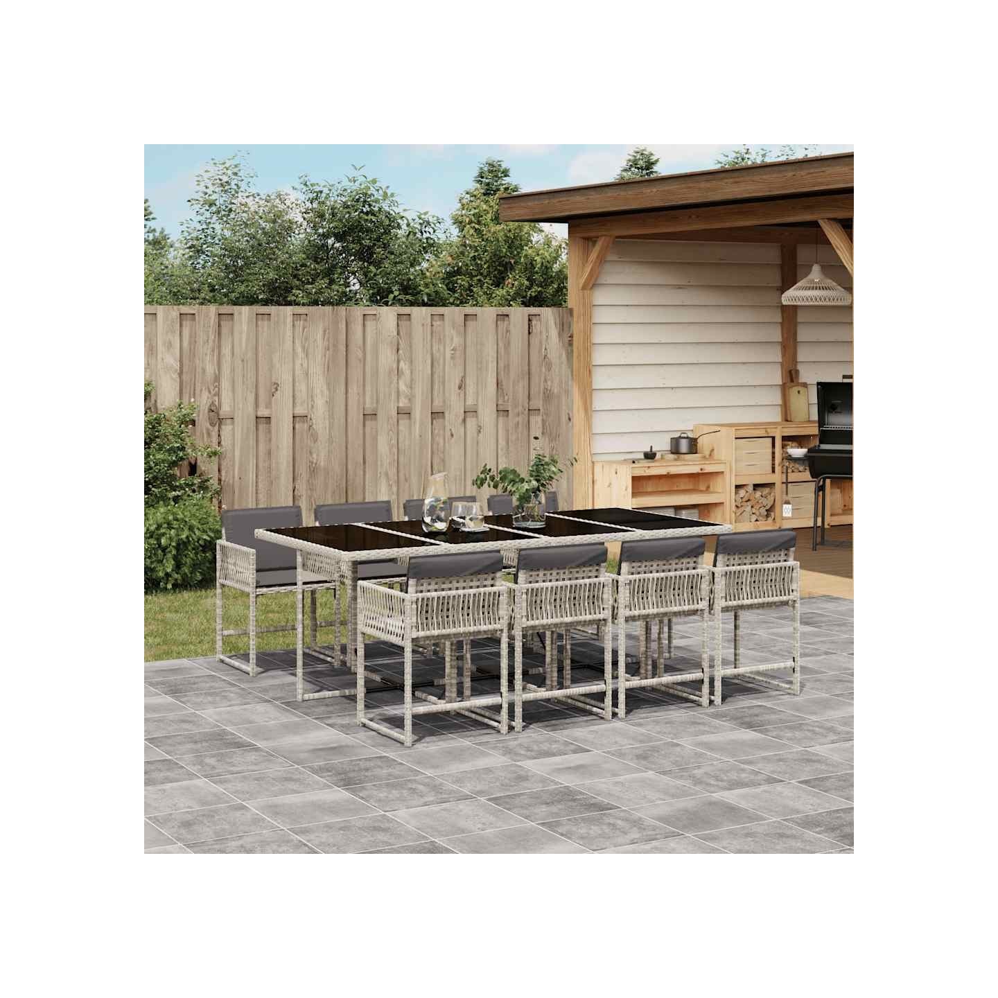 Ensemble à manger de jardin et coussins 9 pcs gris clair rotin