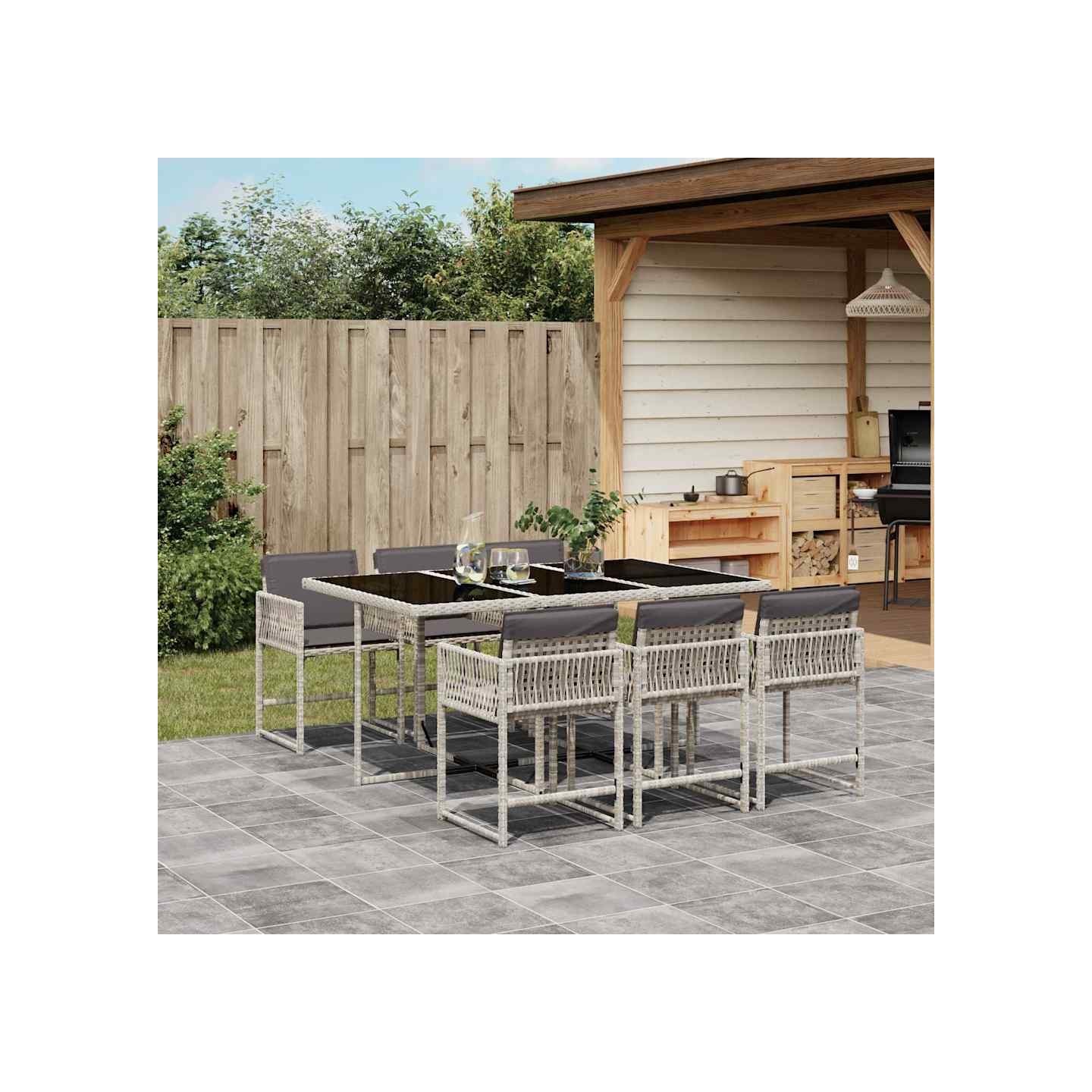 Ensemble à manger de jardin et coussins 7 pcs gris clair rotin