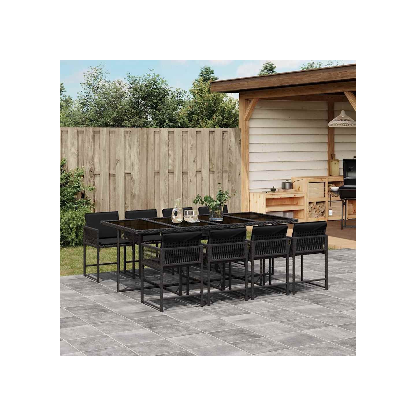 Ensemble à manger de jardin 9pcs coussins noir résine tressée
