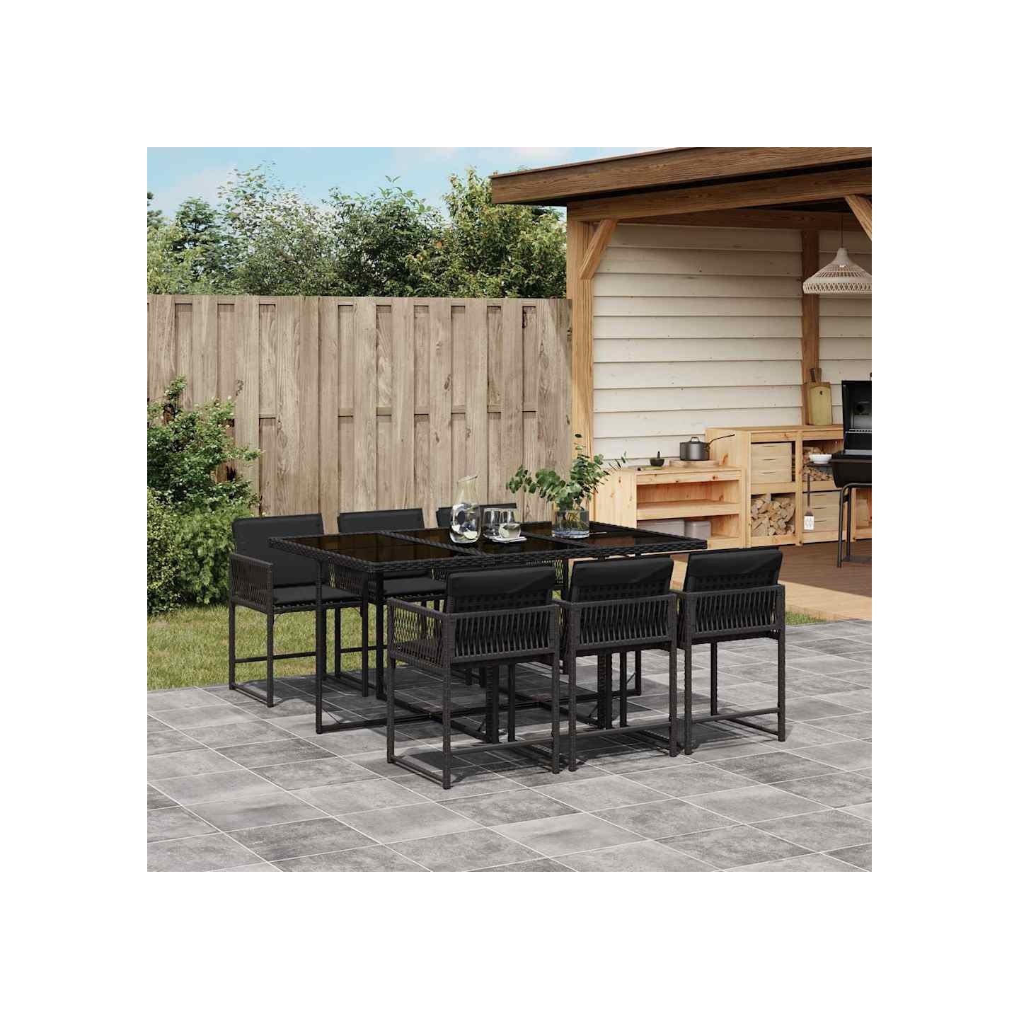 Ensemble à manger de jardin coussins 7pcs Noir Résine tressée