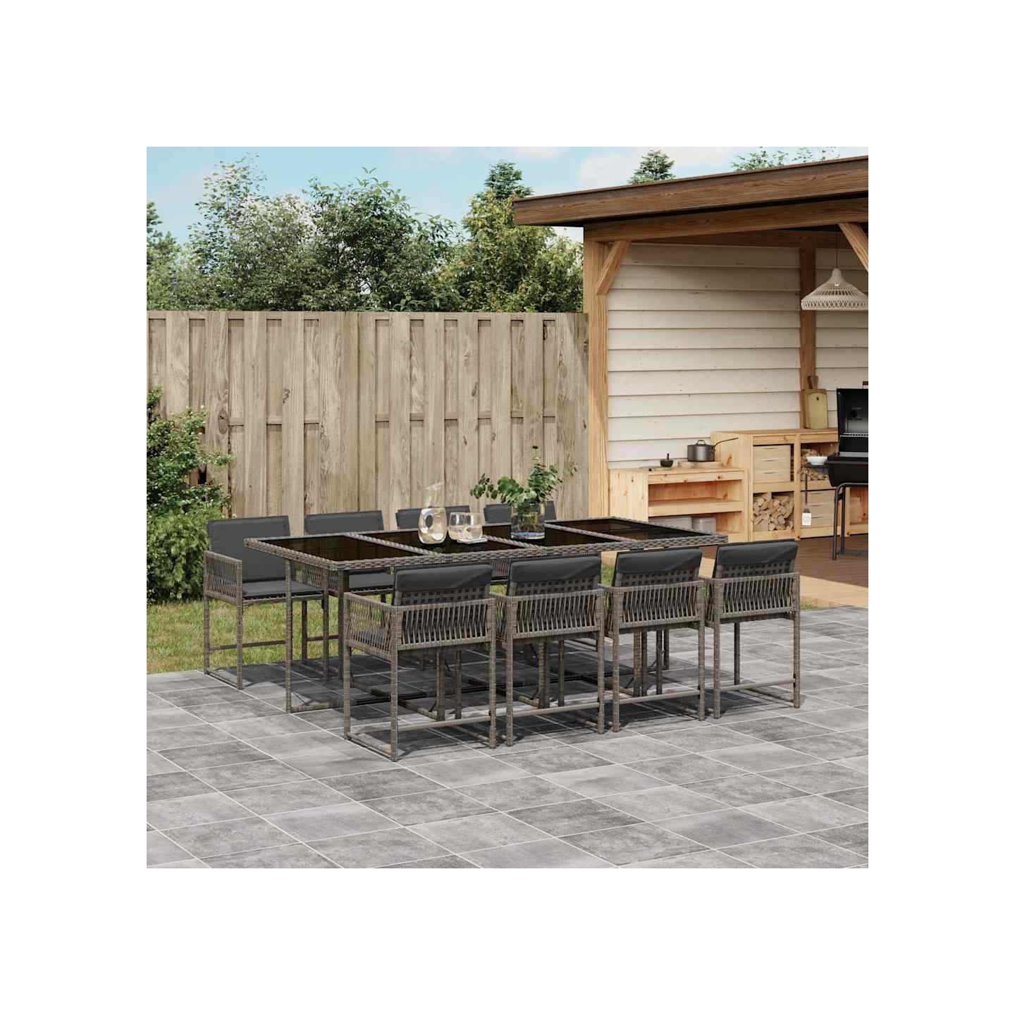 Ensemble à manger de jardin 9 pcs coussins gris résine tressée