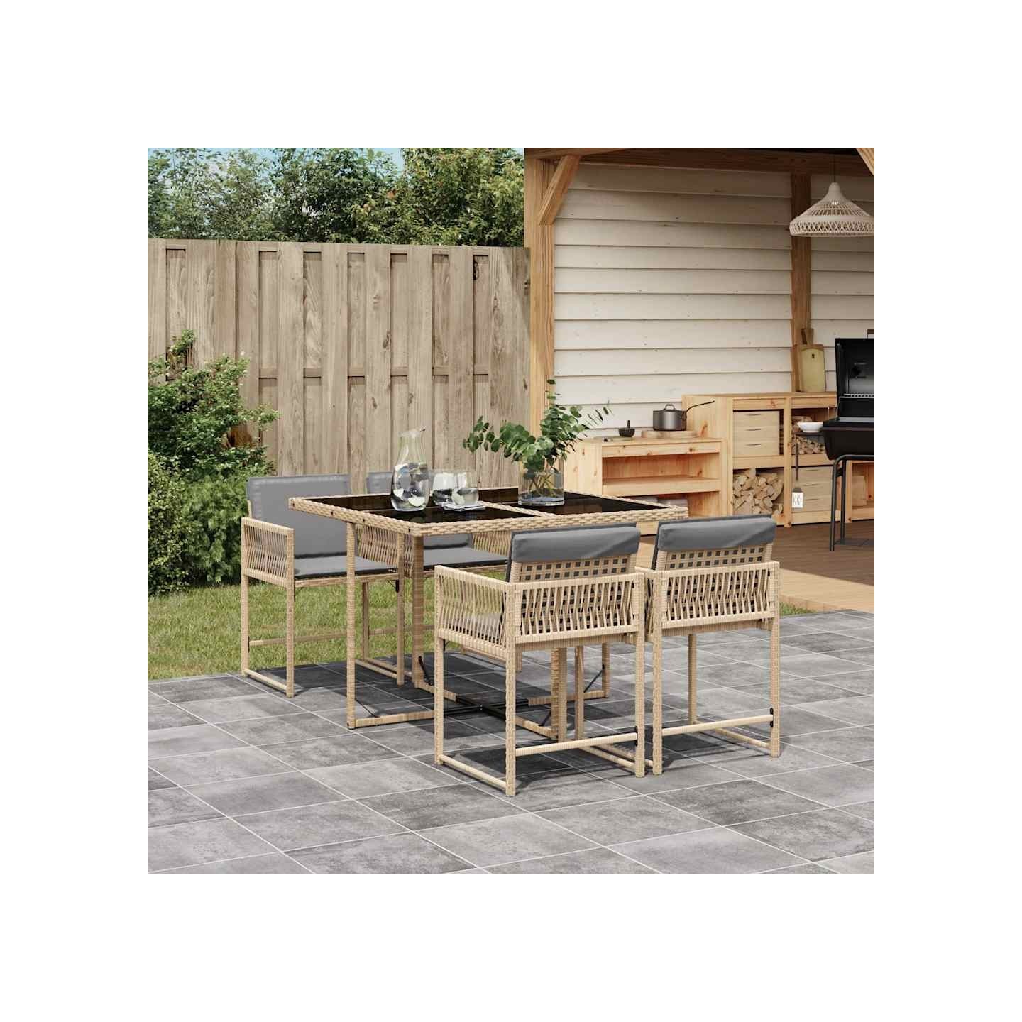 Ensemble à manger de jardin coussins 5 pcs mélange beige rotin