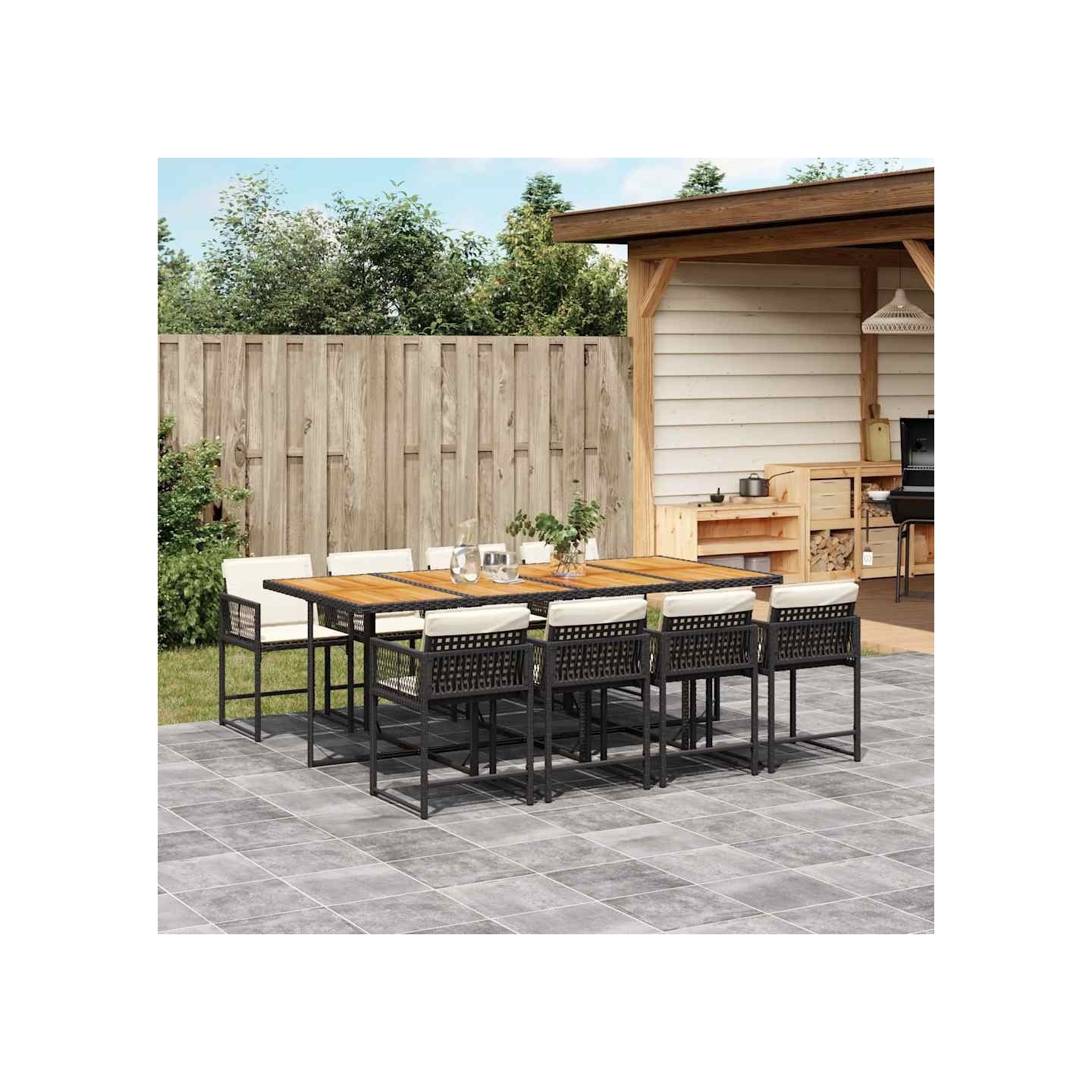 Ensemble à manger de jardin 9pcs coussins noir résine tressée