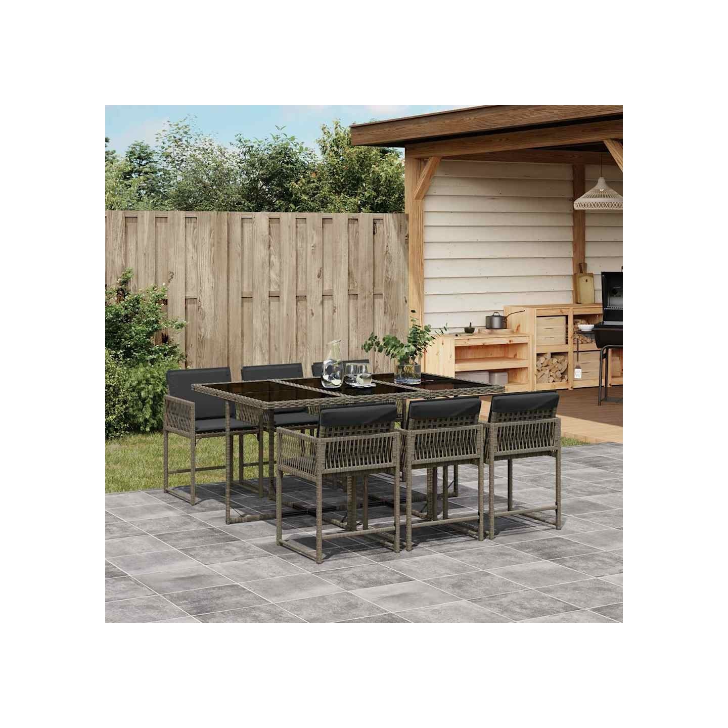 Ensemble à manger de jardin et coussins 7 pcs gris rotin