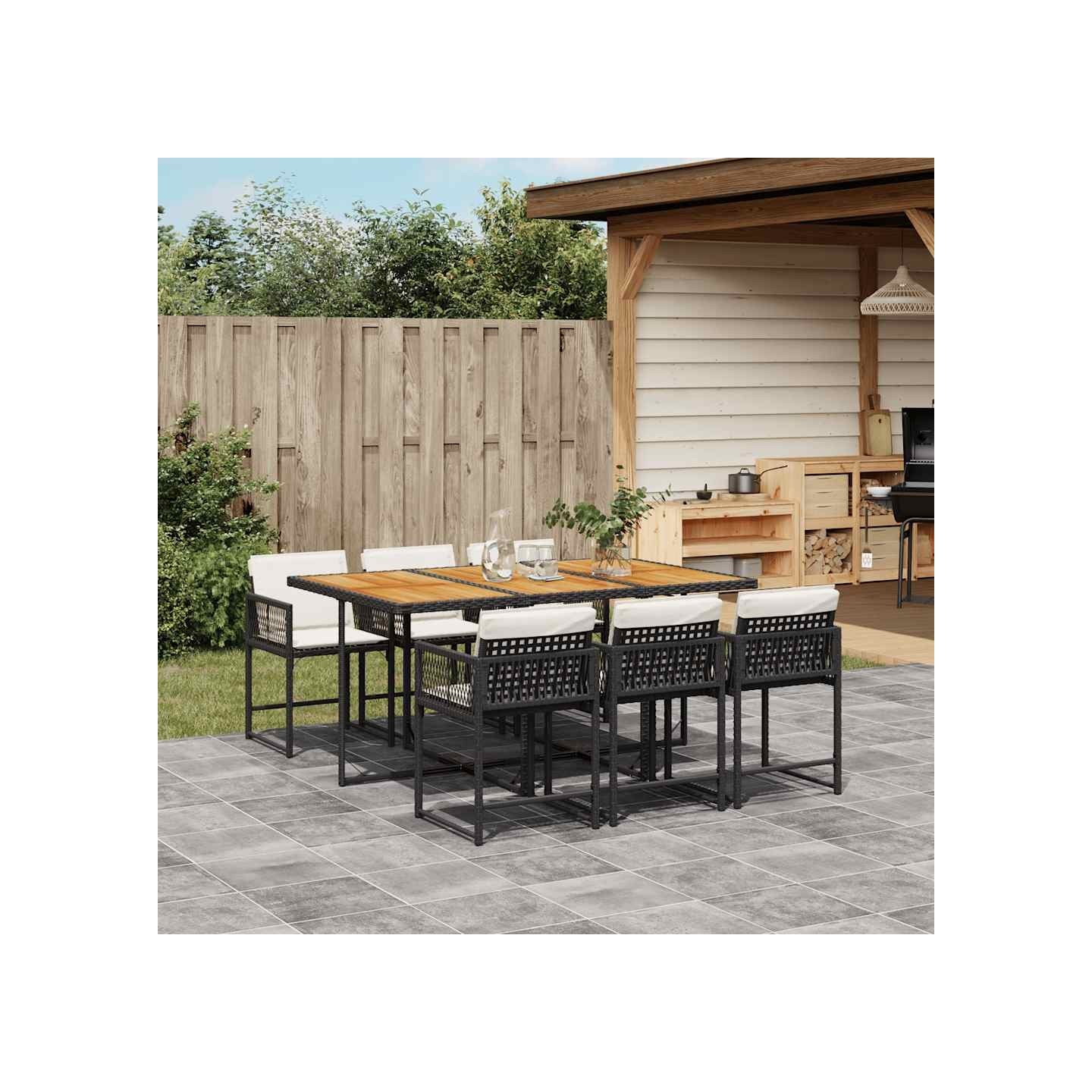 Ensemble à manger de jardin coussins 7pcs Noir Résine tressée