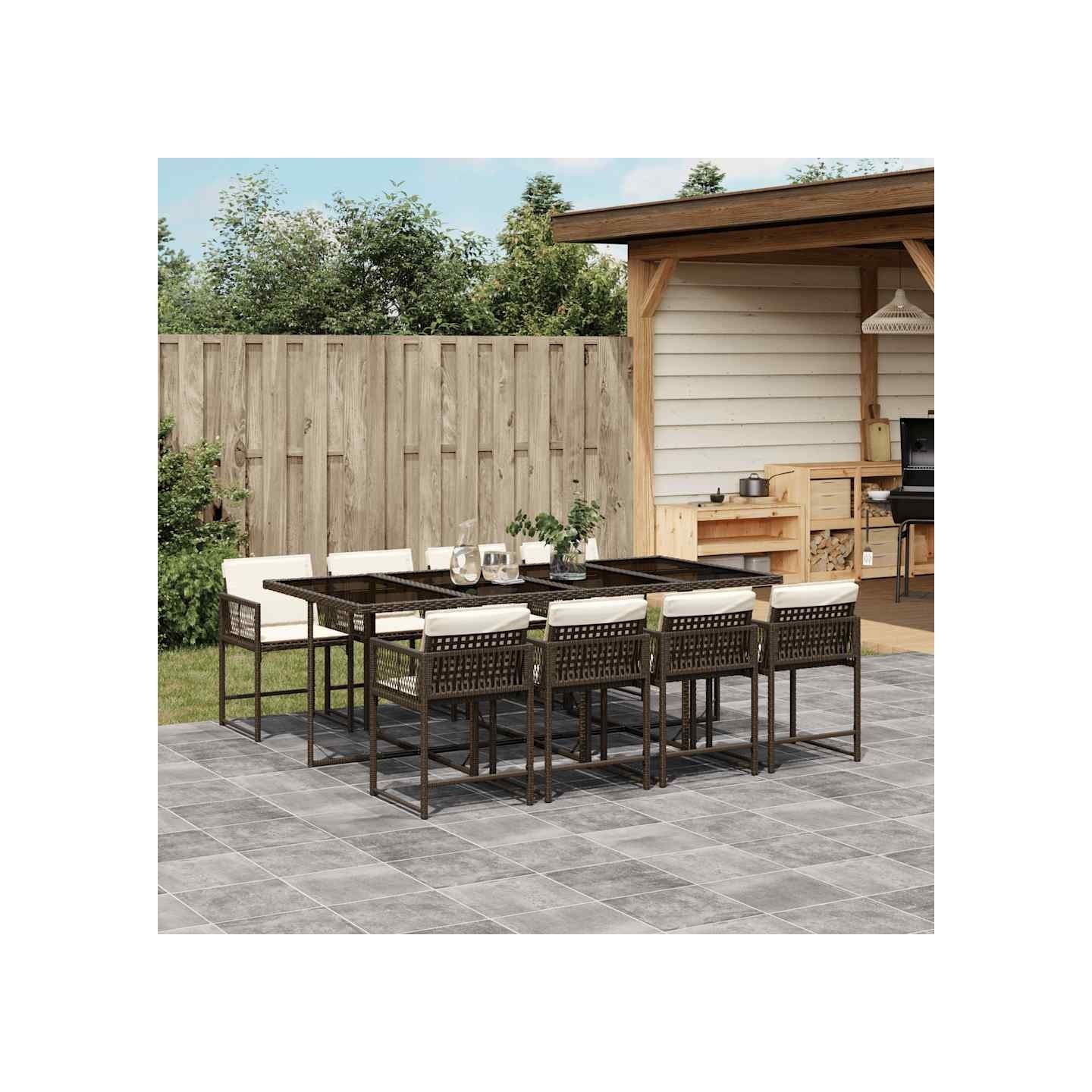 Ensemble à manger de jardin et coussins 9 pcs marron poly rotin