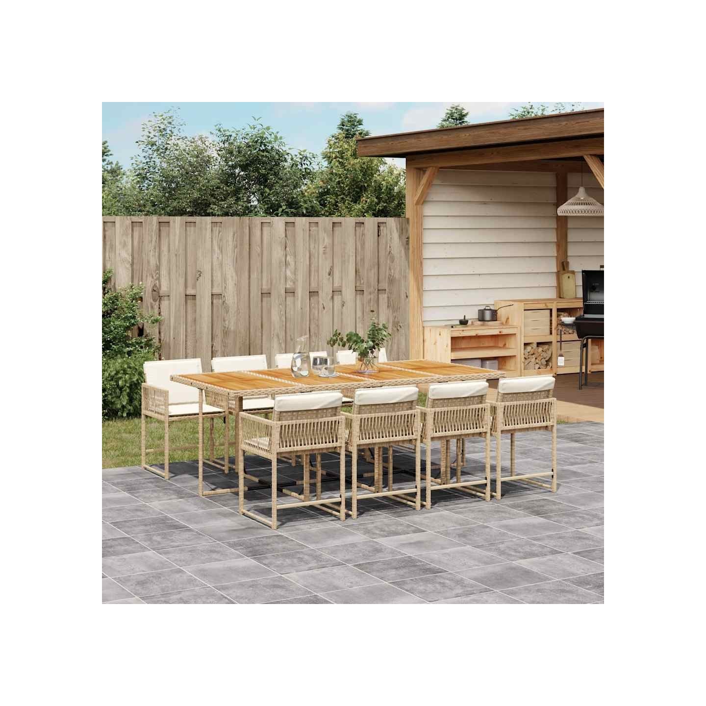 Ensemble à manger de jardin et coussins 9 pcs beige Poly rotin
