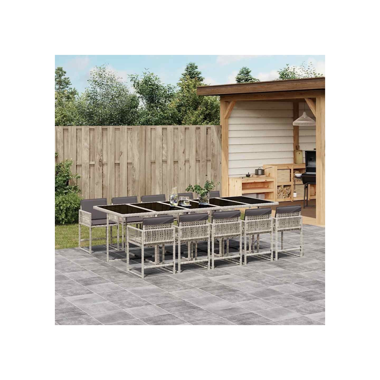 Ensemble à manger de jardin 11pcs avec coussins gris poly rotin