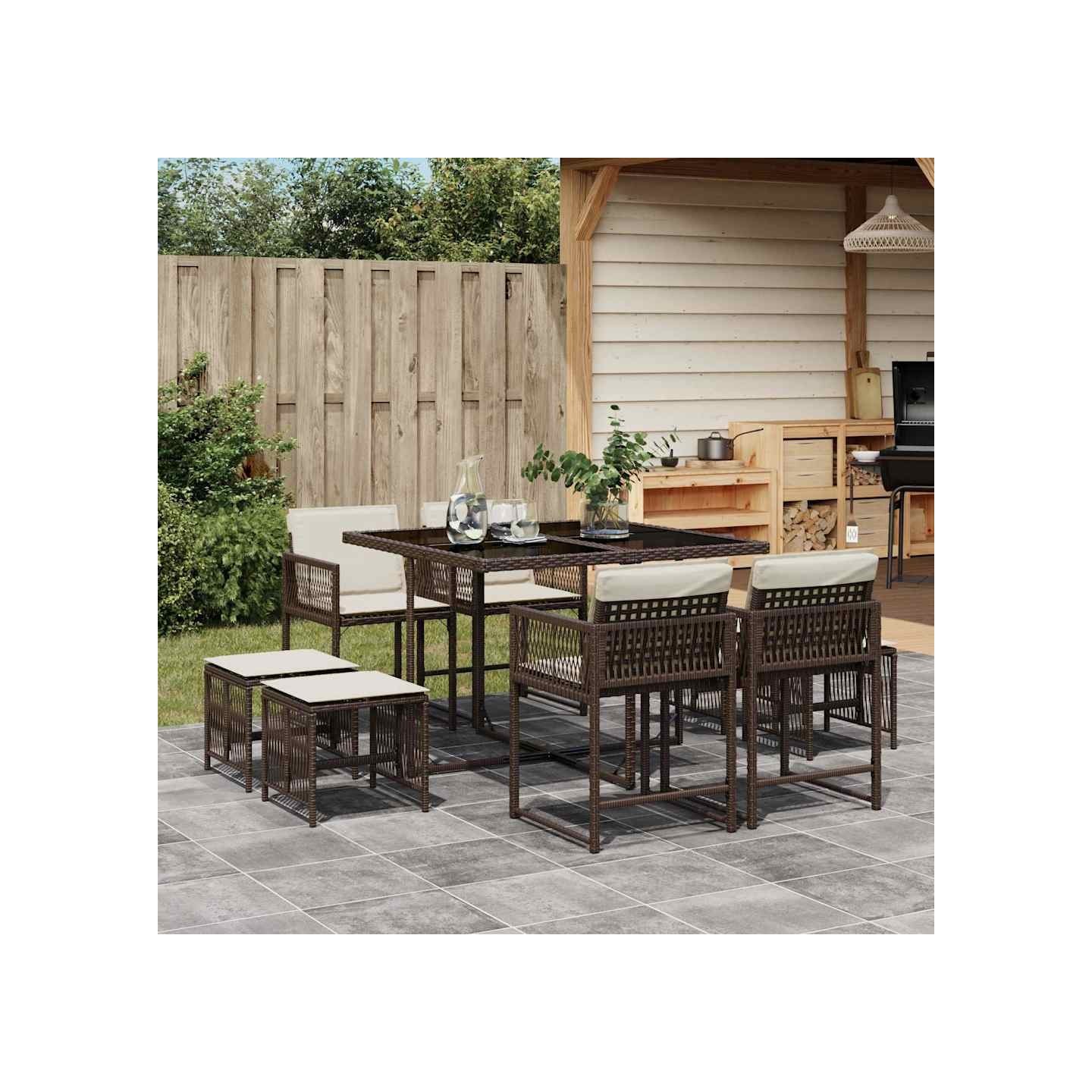 Ensemble à manger de jardin et coussins 9 pcs marron poly rotin