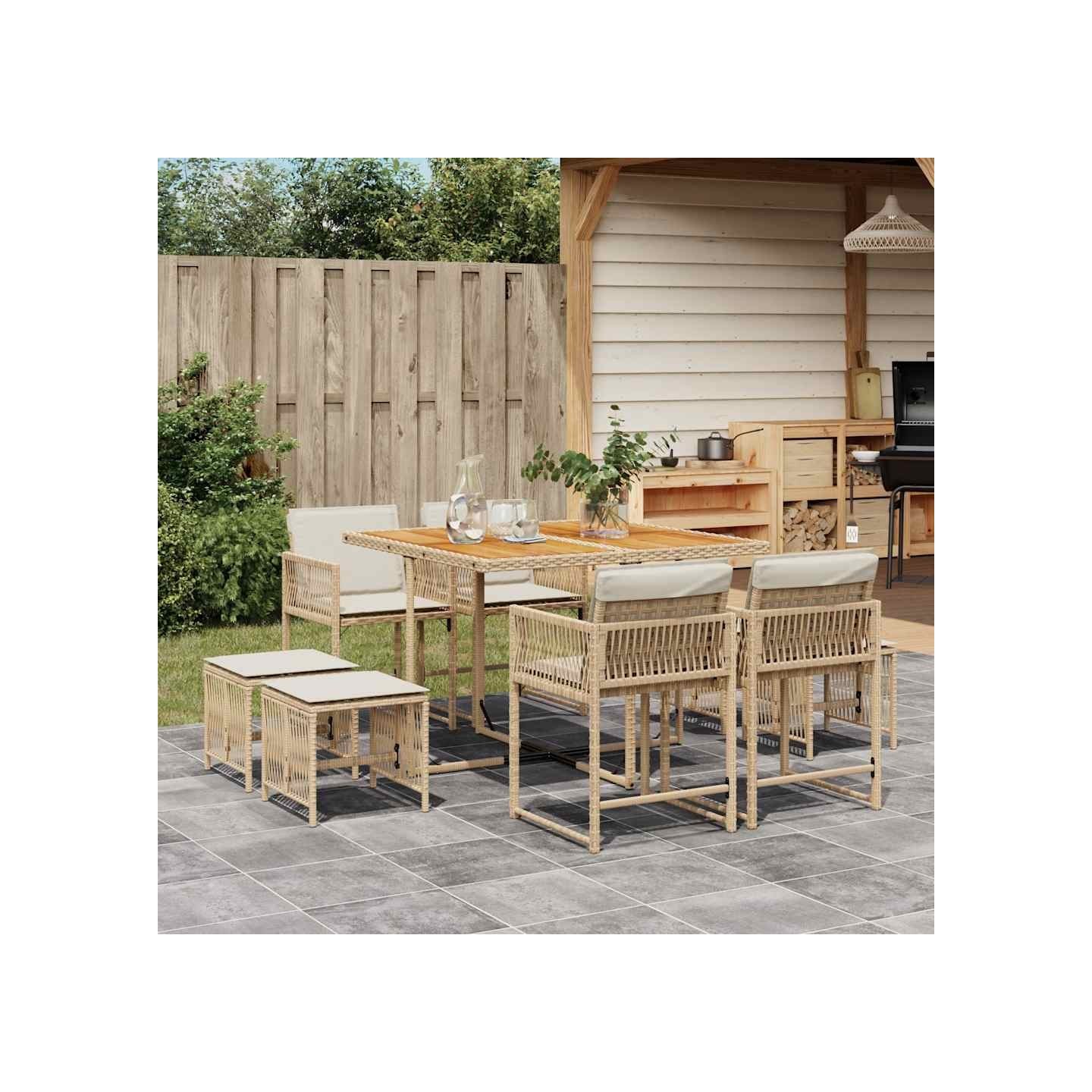 Ensemble à manger de jardin et coussins 9 pcs beige Poly rotin