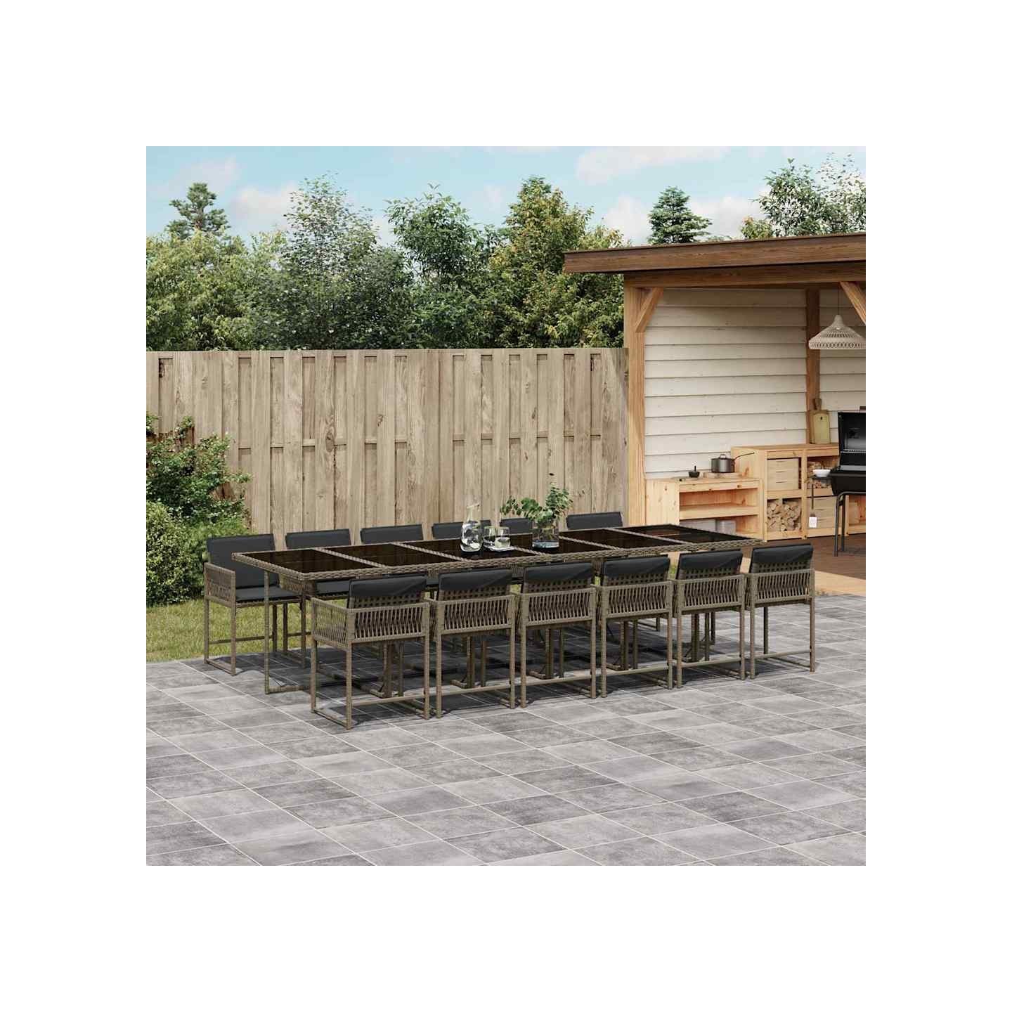 Ensemble à manger de jardin coussins 13 pcs gris résine tressée
