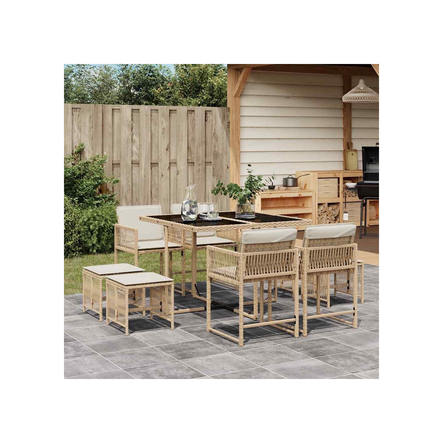 Ensemble à manger de jardin et coussins 9 pcs beige Poly rotin