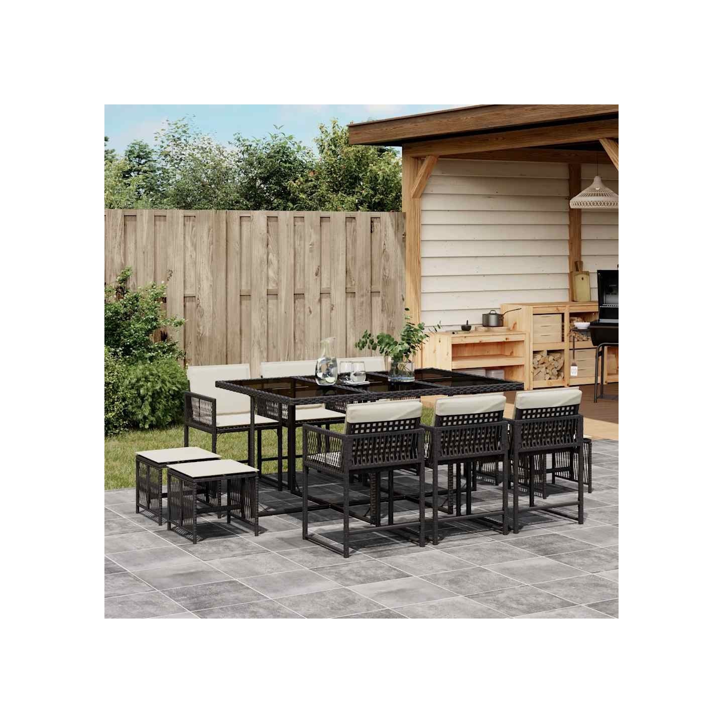 Ensemble à manger de jardin 11 pcs coussins noir résine tressée