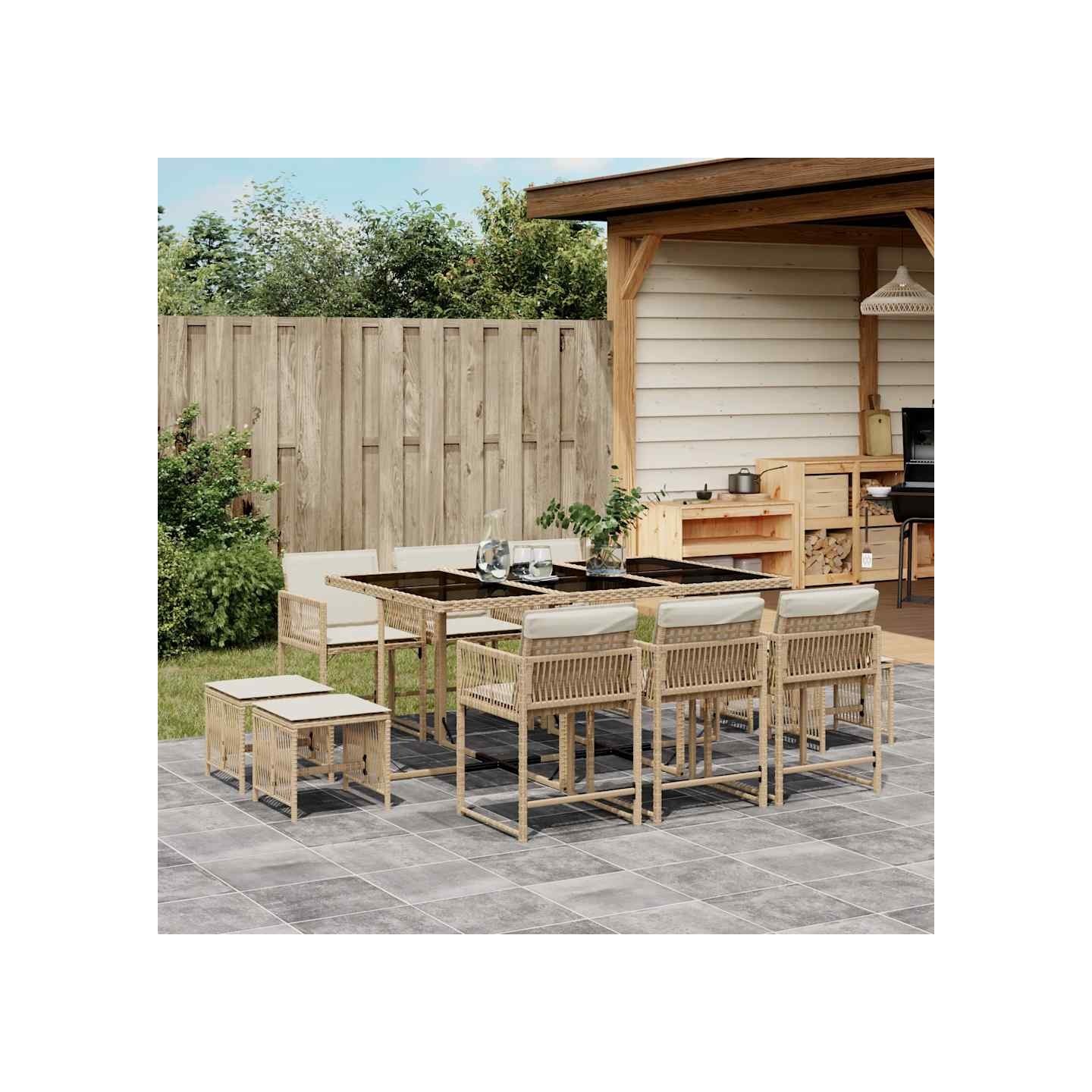 Ensemble à manger de jardin et coussins 11 pcs beige poly rotin