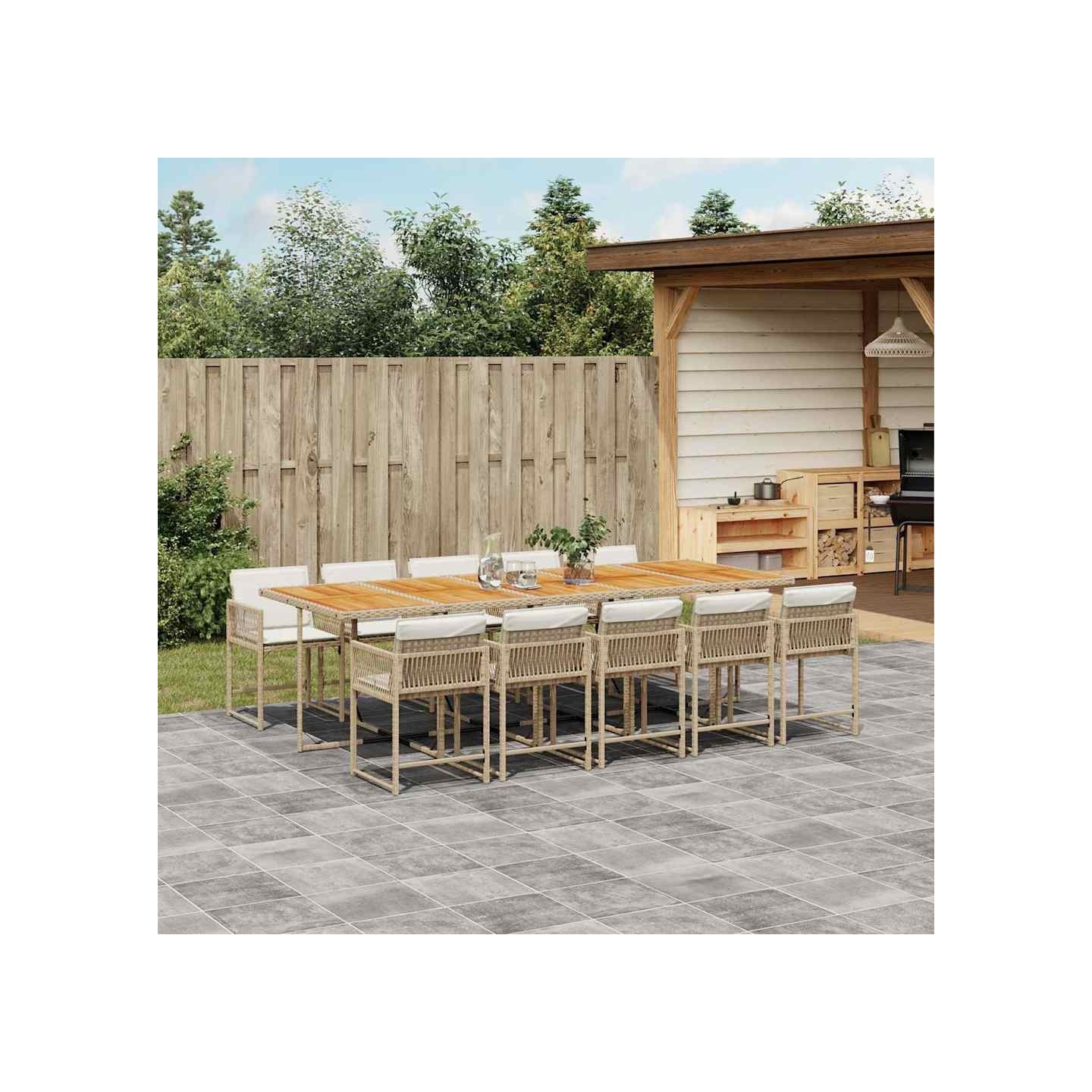 Ensemble à manger de jardin et coussins 11 pcs beige poly rotin