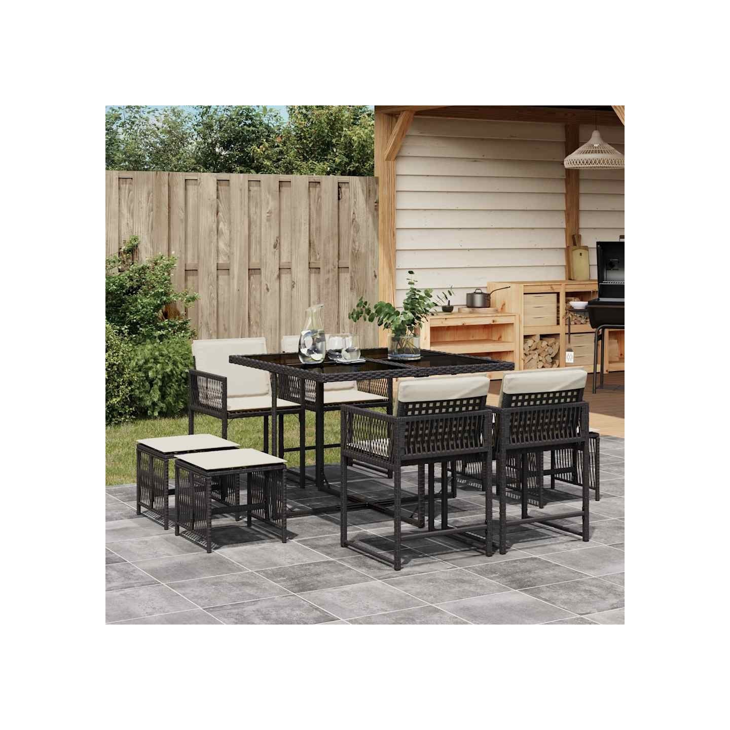 Ensemble à manger de jardin 9pcs coussins noir résine tressée