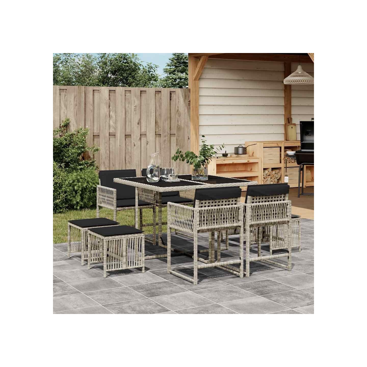 Ensemble à manger de jardin et coussins 9 pcs gris clair rotin