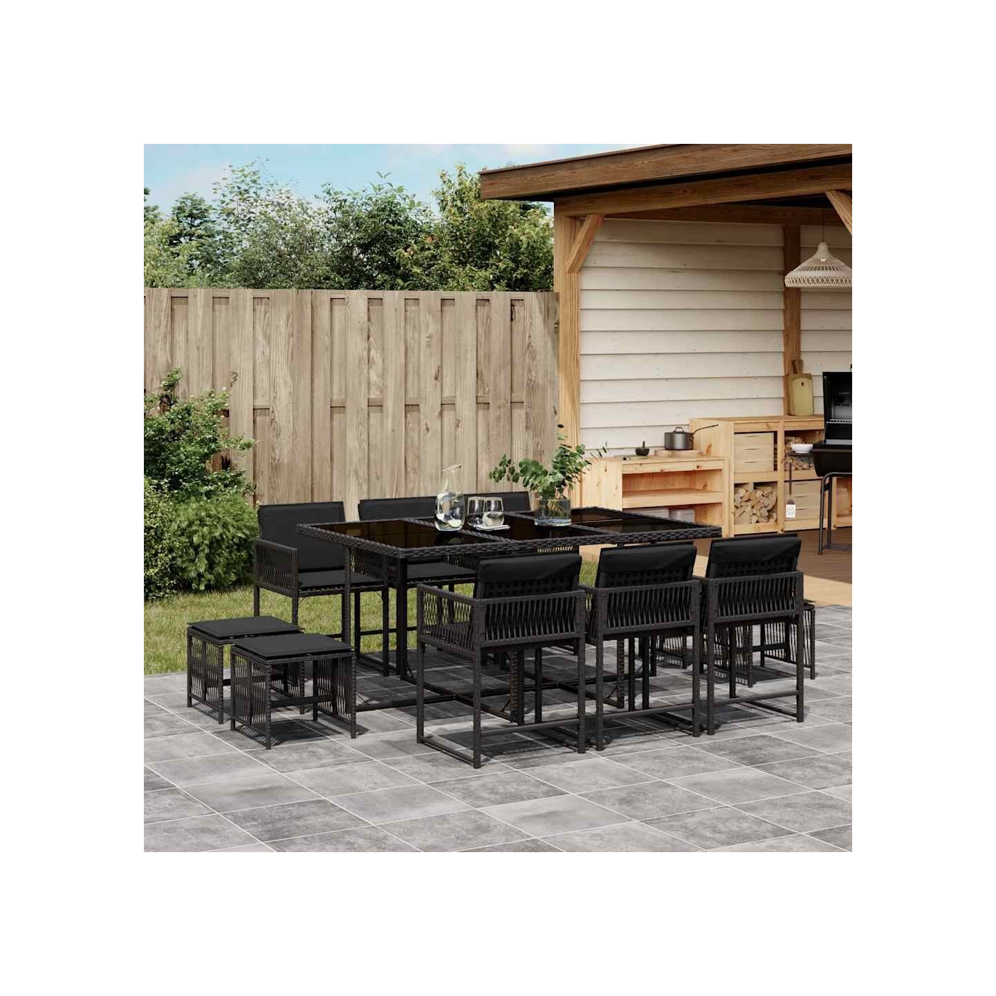 Ensemble à manger de jardin 11 pcs coussins noir résine tressée