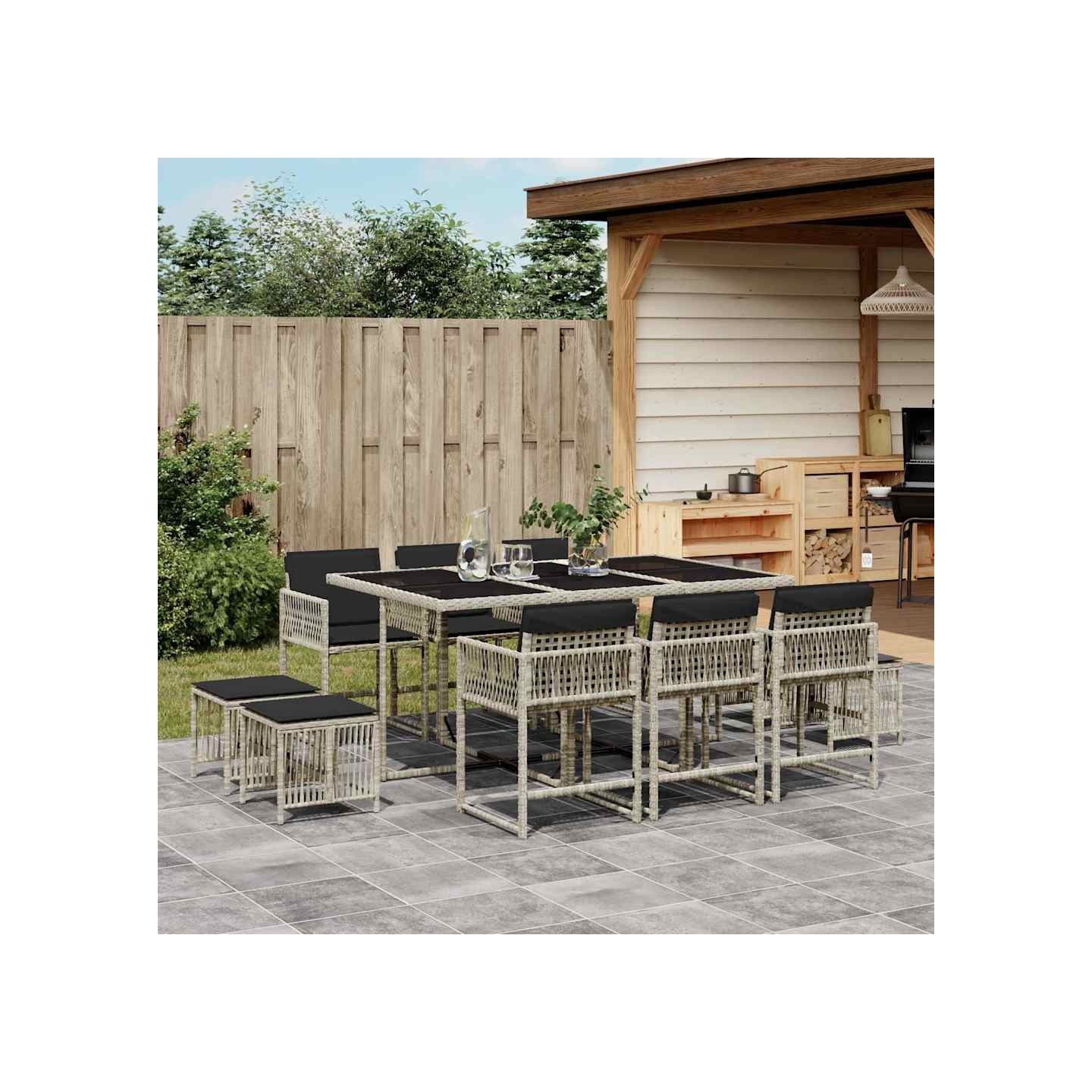 Ensemble à manger de jardin 11pcs avec coussins gris poly rotin