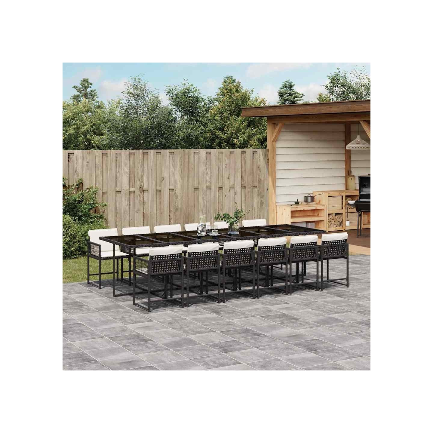 Ensemble à manger de jardin 13 pcs coussins noir résine tressée