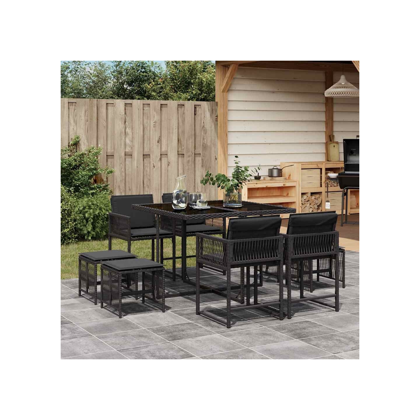 Ensemble à manger de jardin 9pcs coussins noir résine tressée