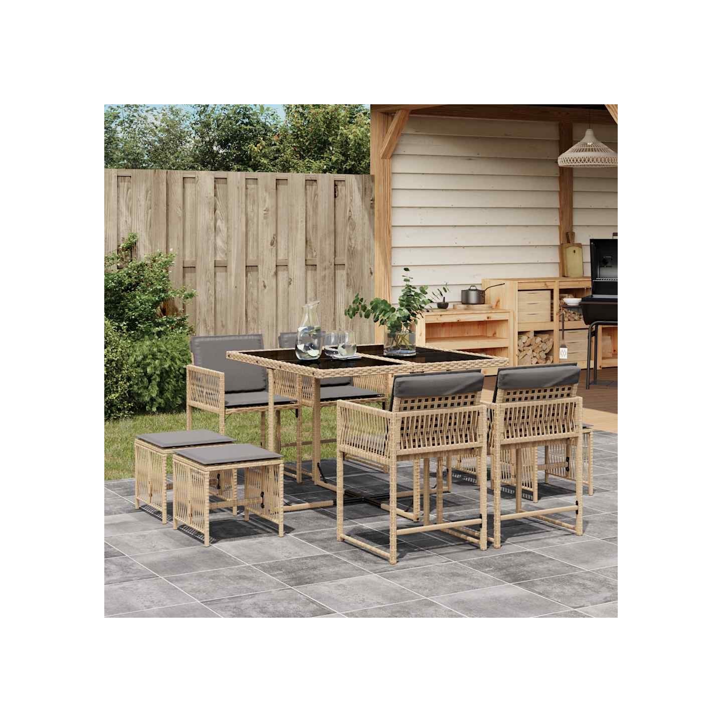 Ensemble à manger de jardin et coussins 9 pcs mélange beige