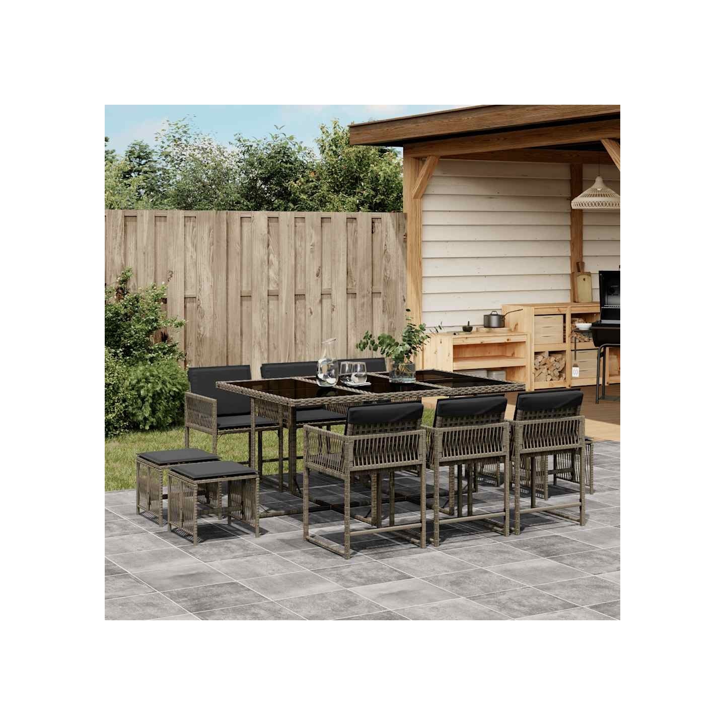 Ensemble à manger de jardin 11pcs avec coussins gris poly rotin