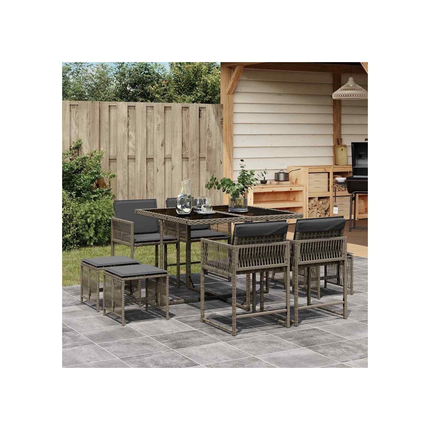 Ensemble à manger de jardin 9 pcs coussins gris résine tressée