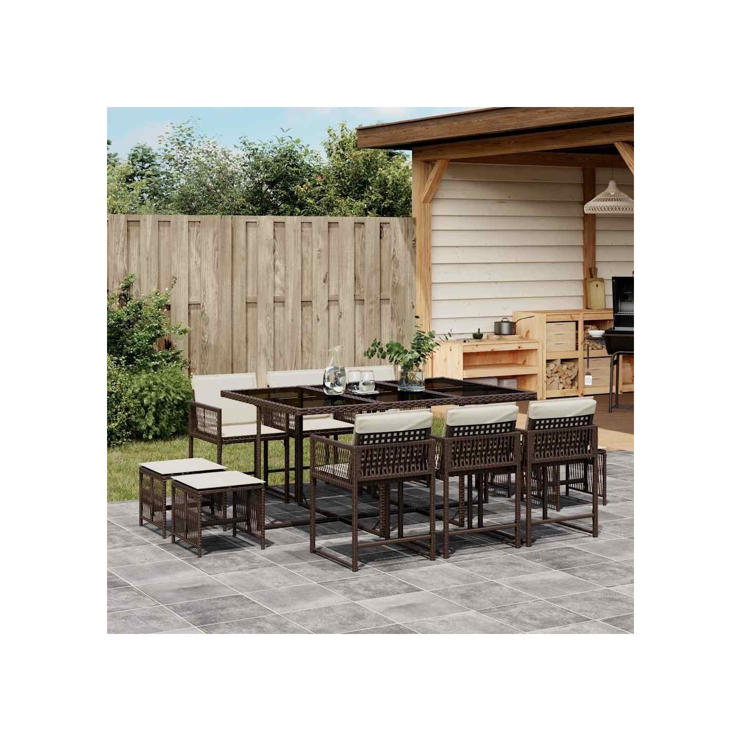 Ensemble à manger de jardin et coussins 11 pcs marron rotin