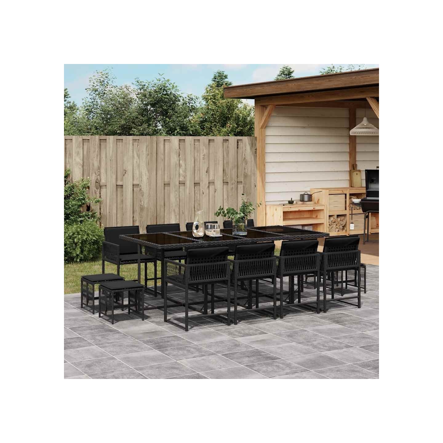 Ensemble à manger de jardin 13 pcs coussins noir résine tressée