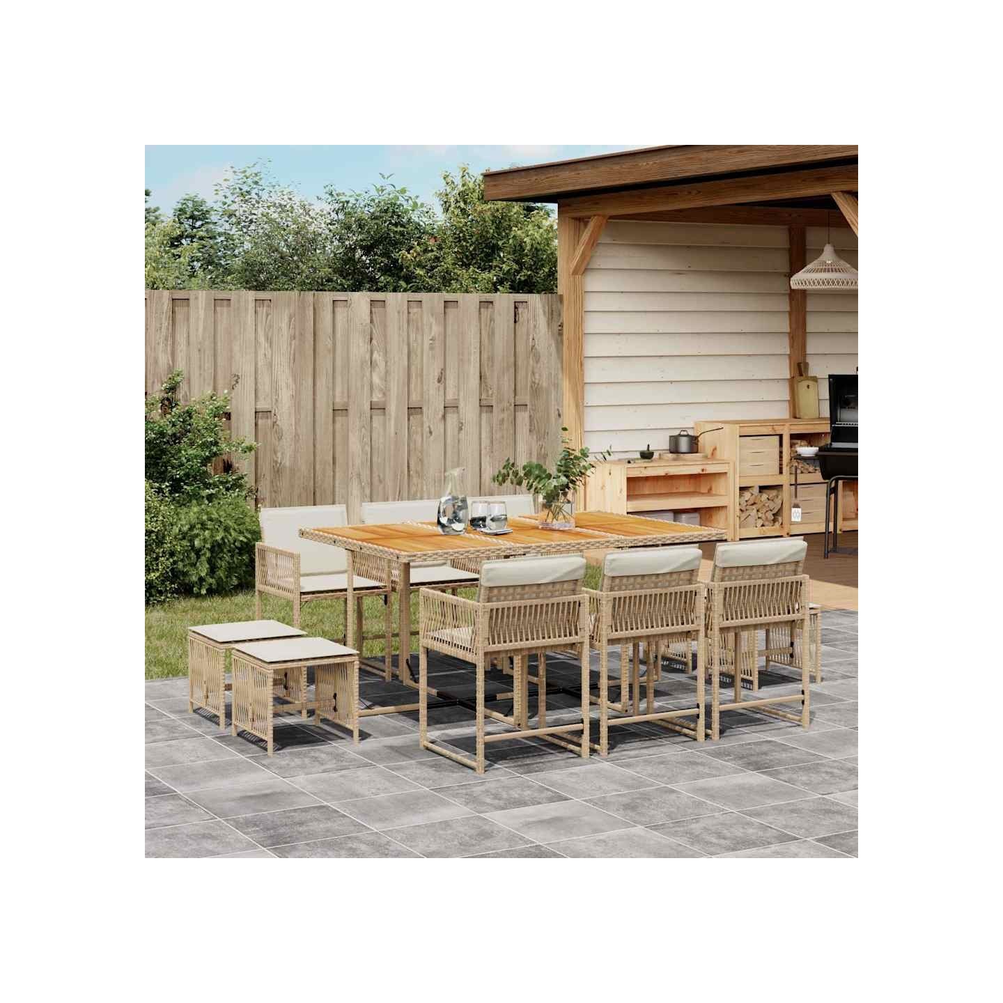 Ensemble à manger de jardin et coussins 11 pcs beige poly rotin