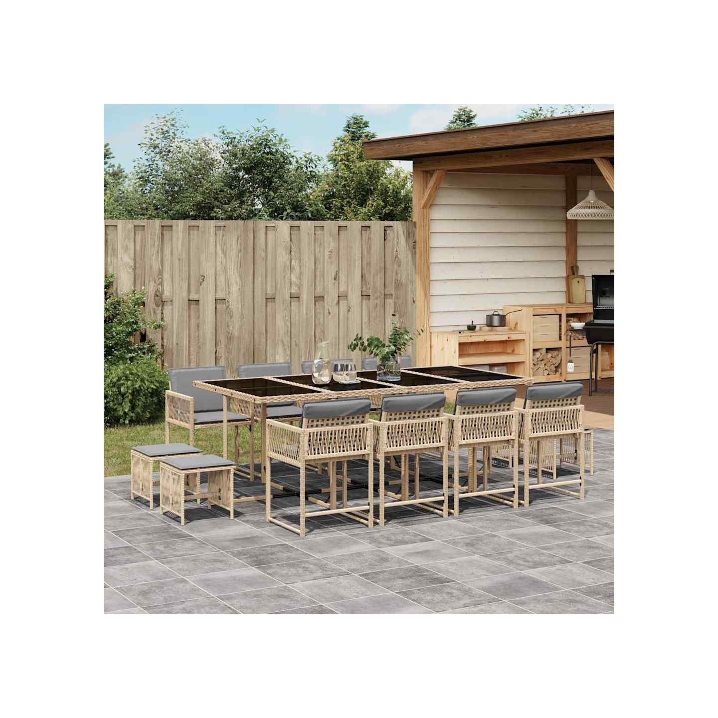 Ensemble à manger de jardin coussins 13 pcs mélange beige rotin