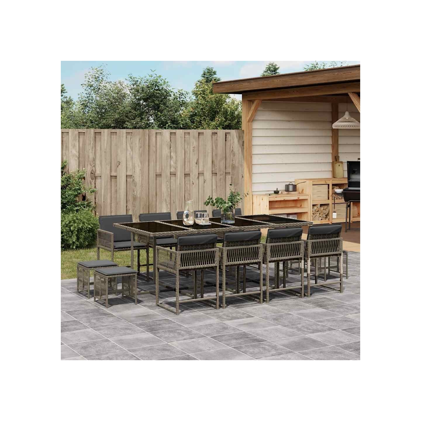 Ensemble à manger de jardin coussins 13 pcs gris résine tressée
