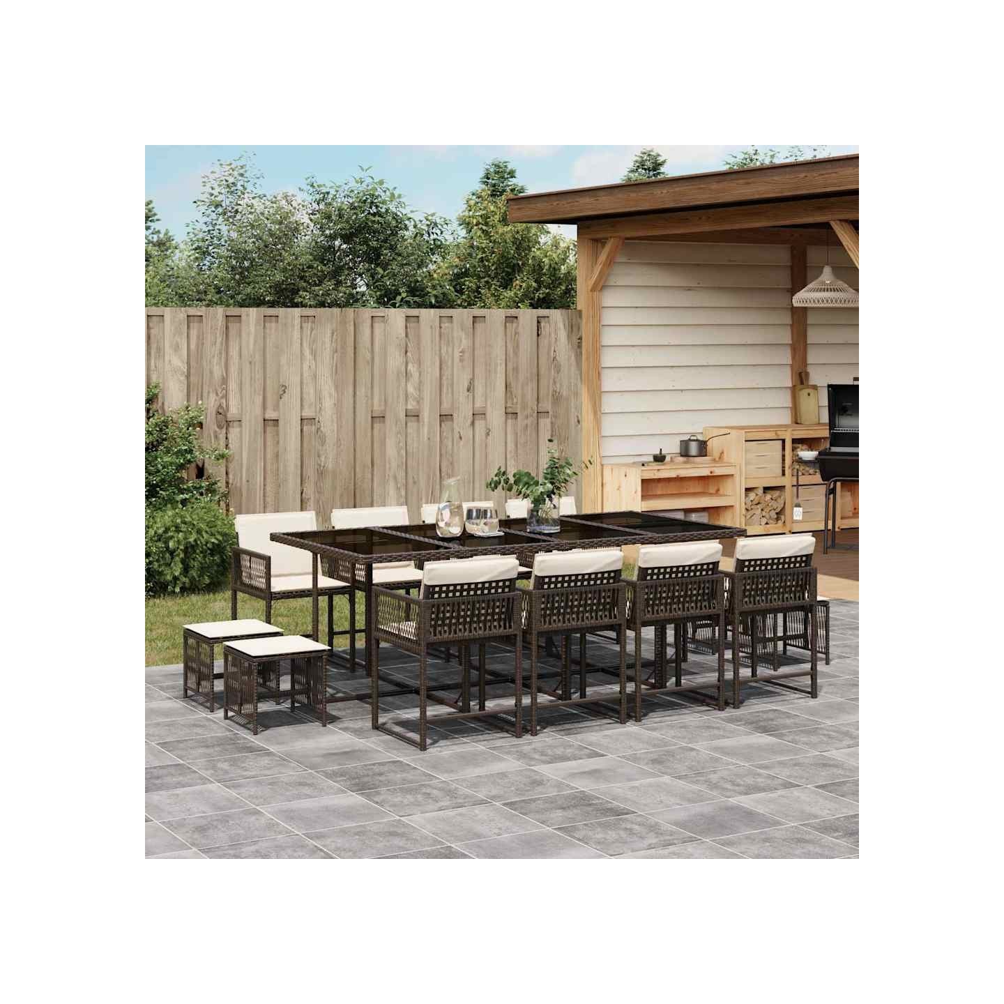 Ensemble à manger de jardin avec coussins 13 pcs marron rotin