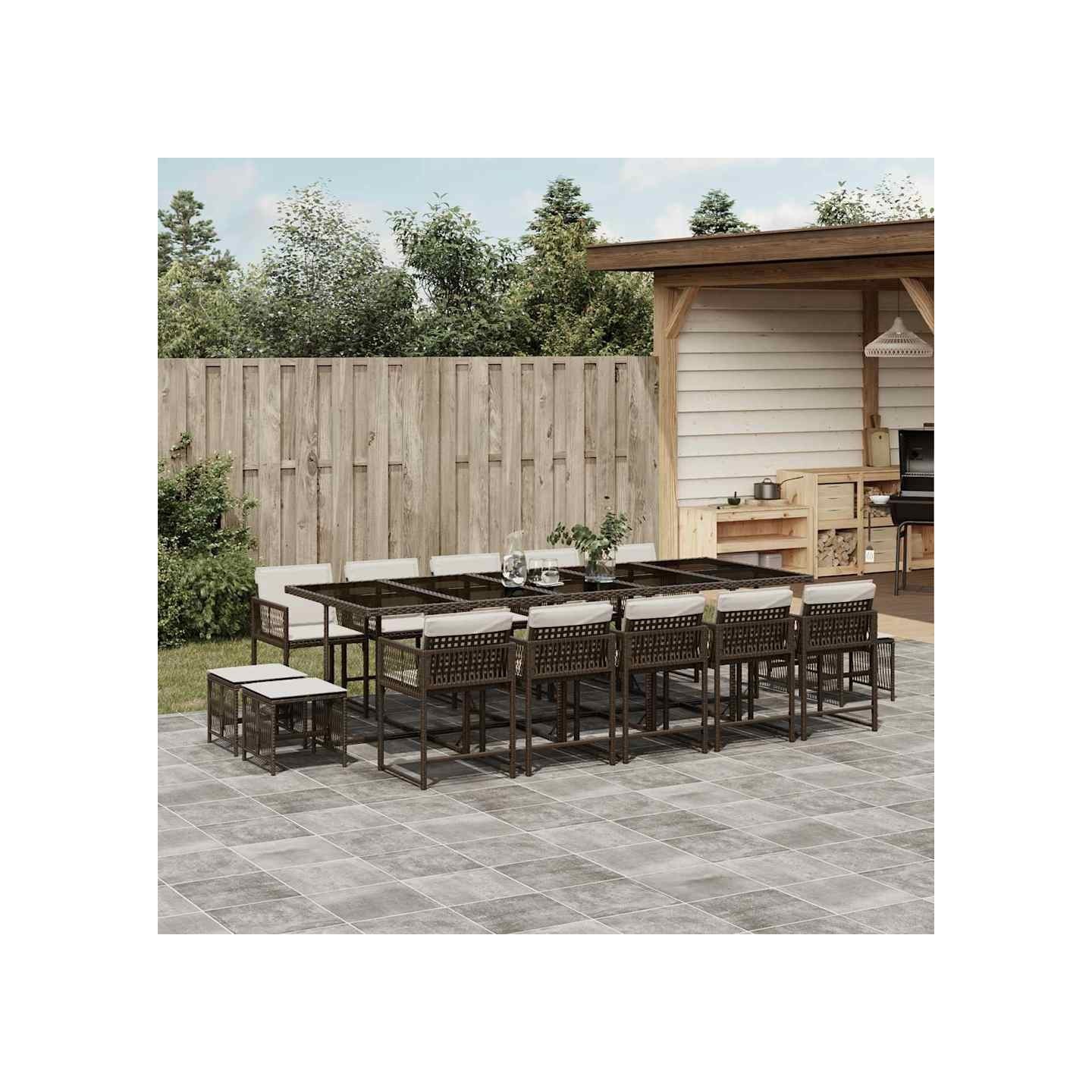 Ensemble à manger de jardin avec coussins 15 pcs marron rotin