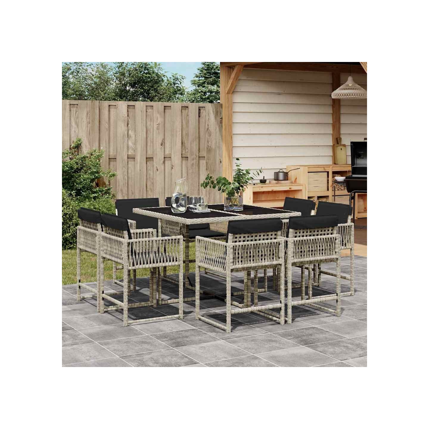 Ensemble à manger de jardin et coussins 9 pcs gris clair rotin