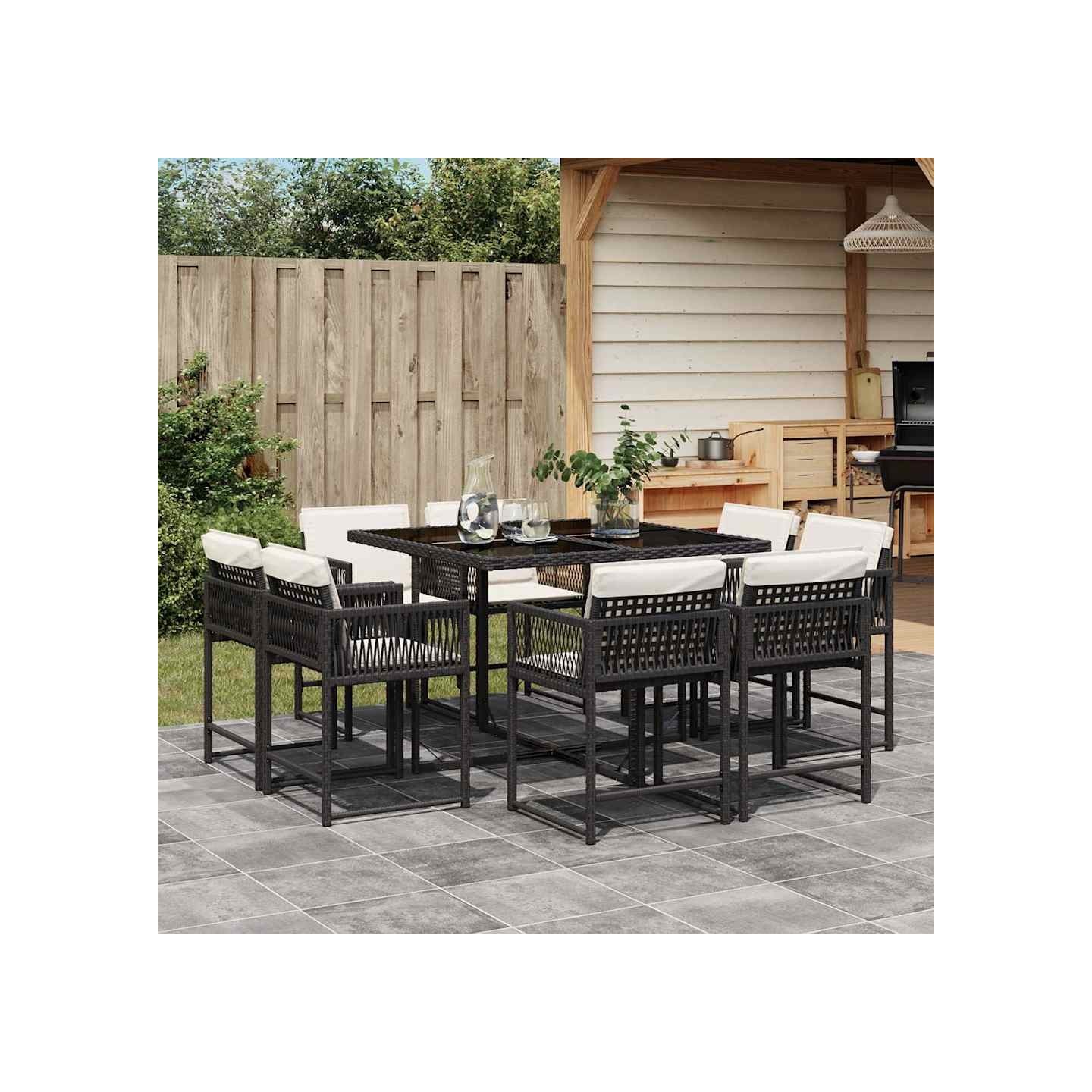 Ensemble à manger de jardin 9pcs coussins noir résine tressée