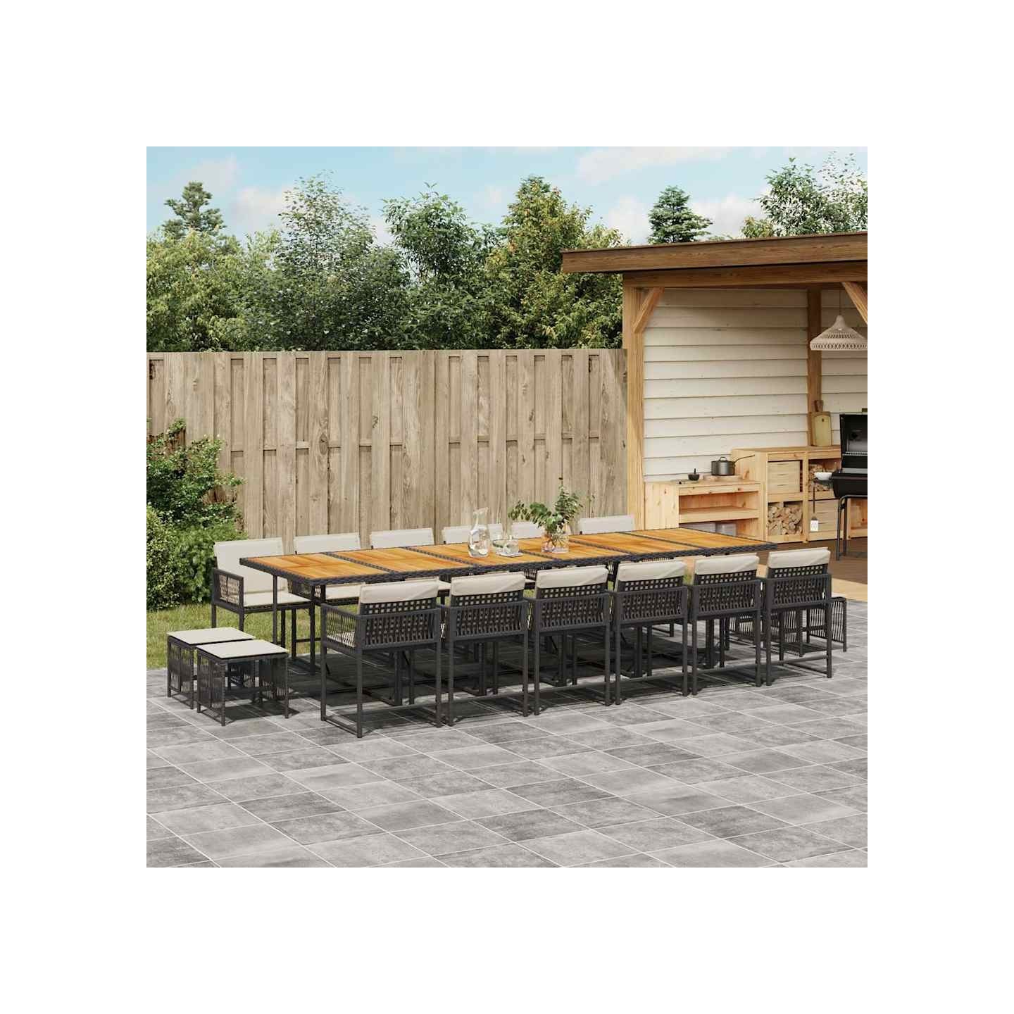 Ensemble à manger de jardin 17 pcs coussins noir résine tressée