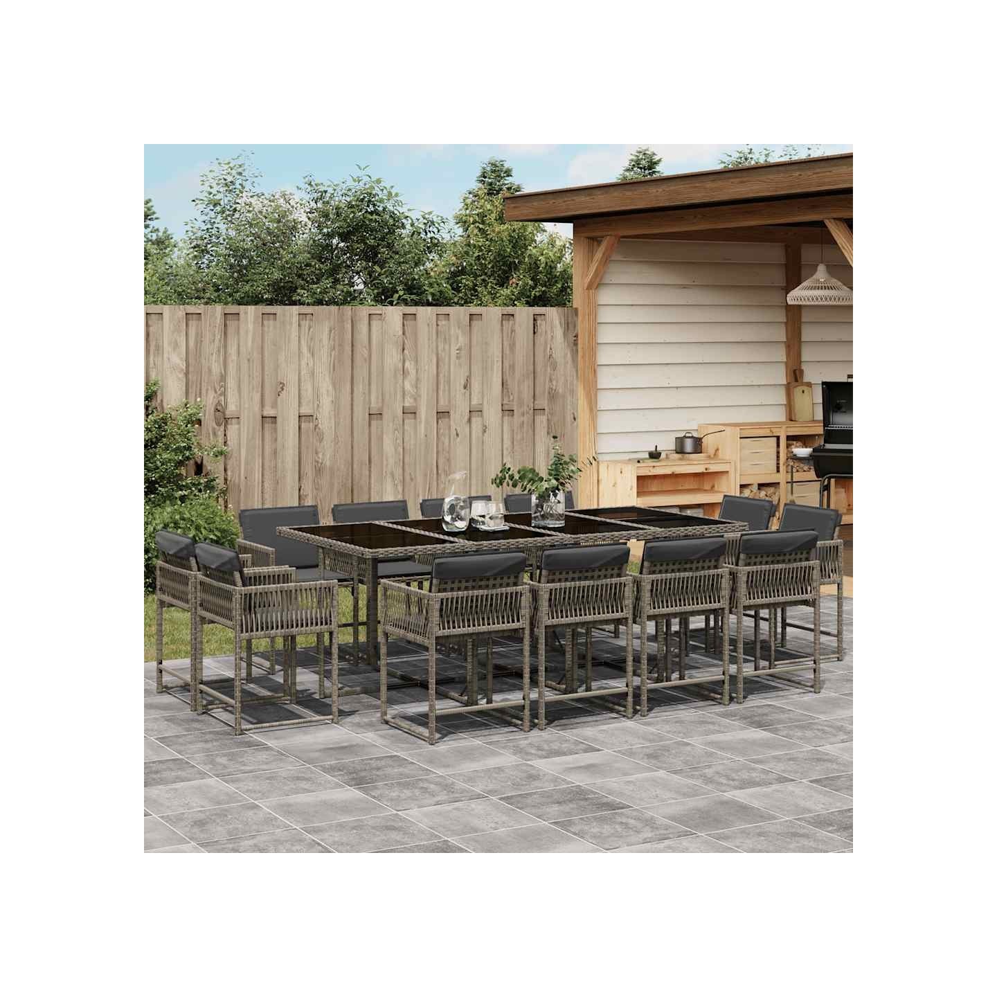 Ensemble à manger de jardin coussins 13 pcs gris résine tressée