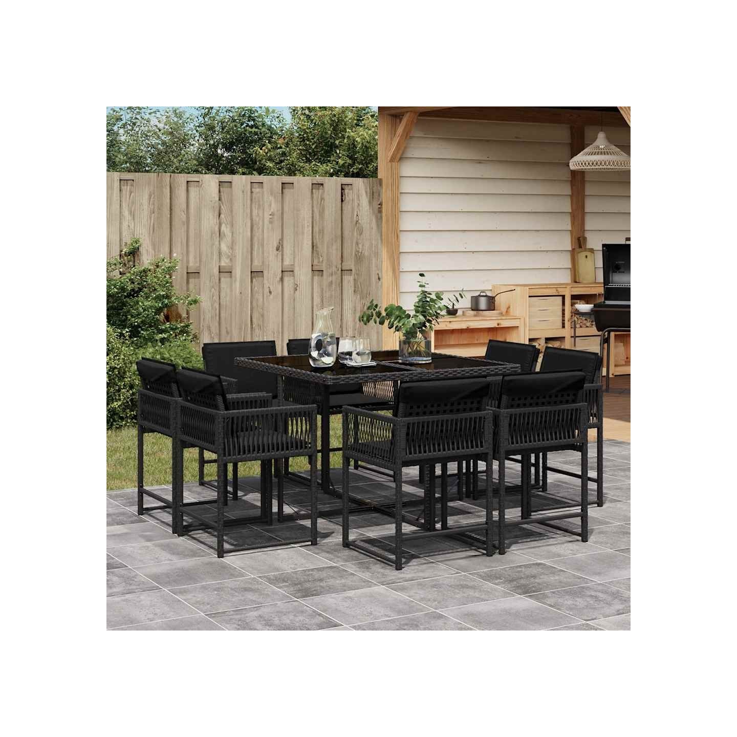 Ensemble à manger de jardin 9pcs coussins noir résine tressée