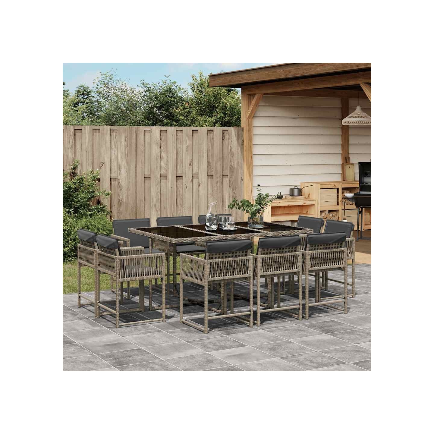 Ensemble à manger de jardin 11pcs avec coussins gris poly rotin