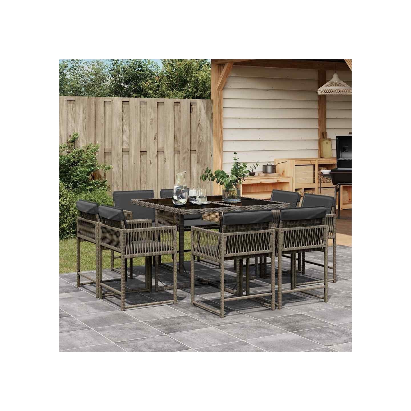 Ensemble à manger de jardin 9 pcs coussins gris résine tressée