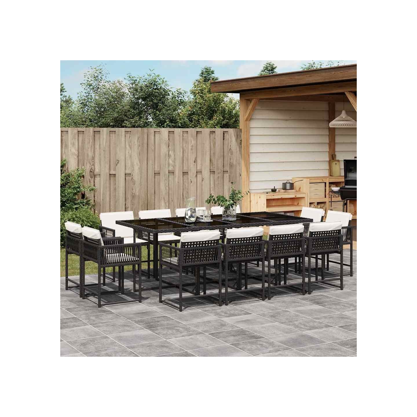 Ensemble à manger de jardin 13 pcs coussins noir résine tressée