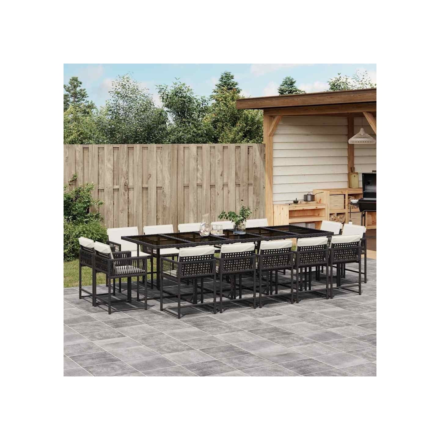 Ensemble à manger de jardin 15 pcs coussins noir résine tressée