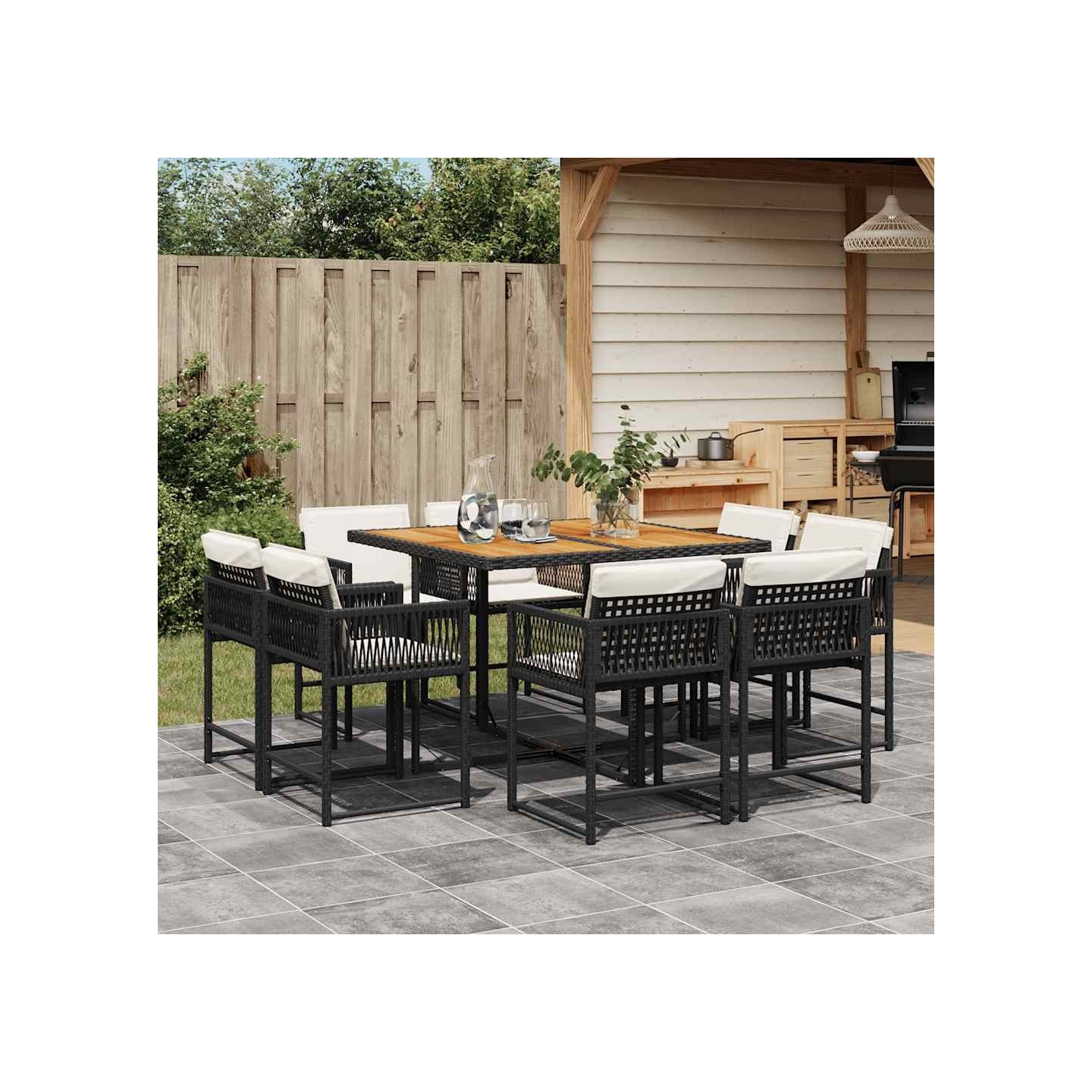 Ensemble à manger de jardin 9pcs coussins noir résine tressée