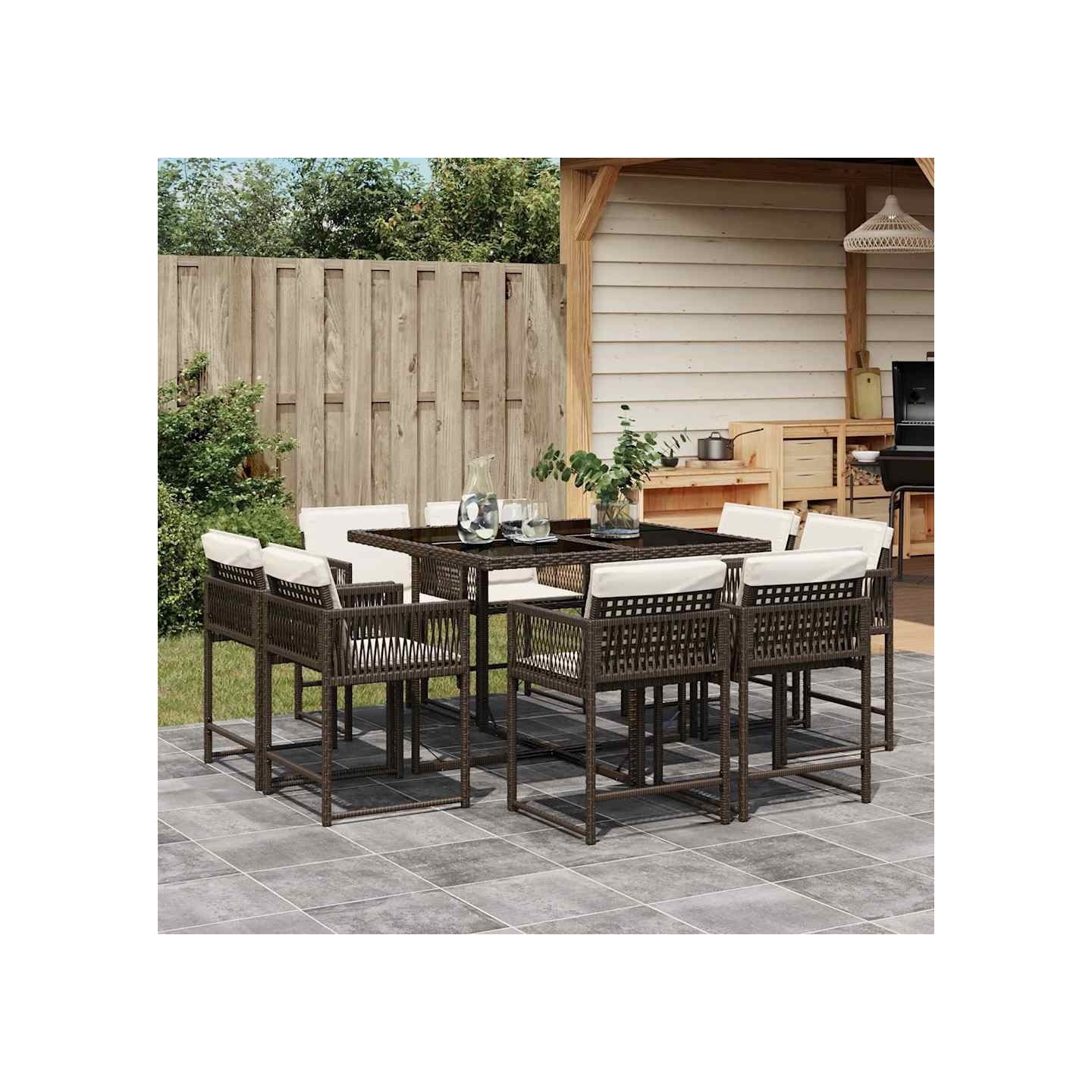 Ensemble à manger de jardin et coussins 9 pcs marron poly rotin