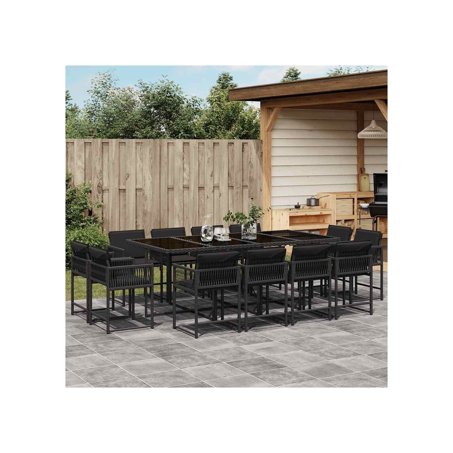 Ensemble à manger de jardin 13 pcs coussins noir résine tressée