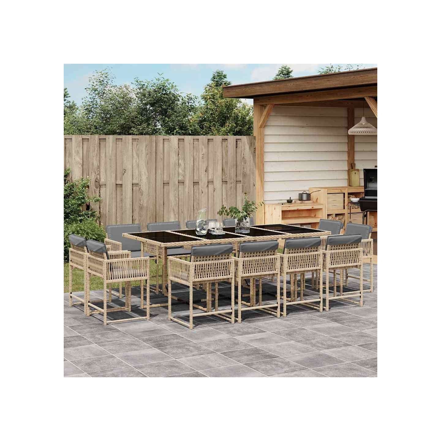 Ensemble à manger de jardin coussins 13 pcs mélange beige rotin