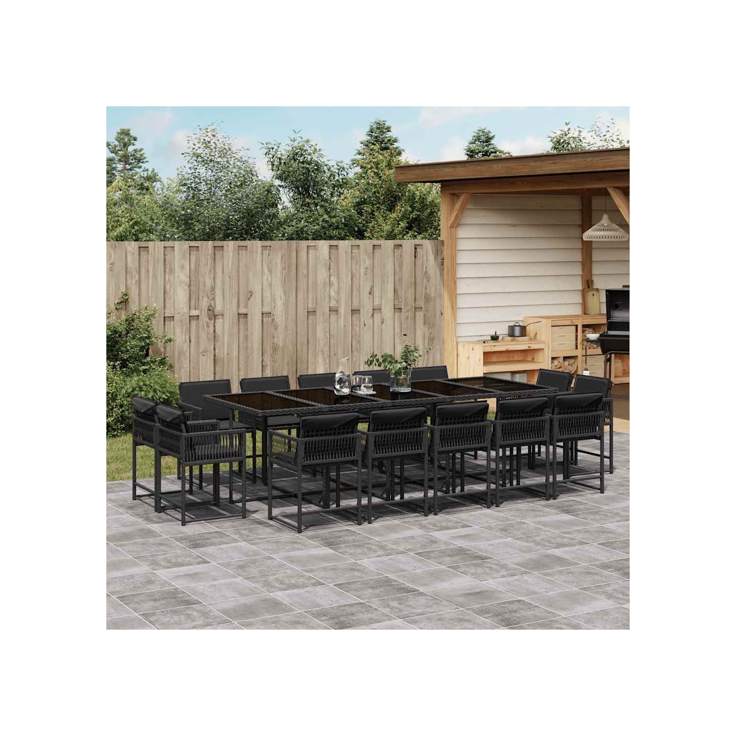 Ensemble à manger de jardin 15 pcs coussins noir résine tressée